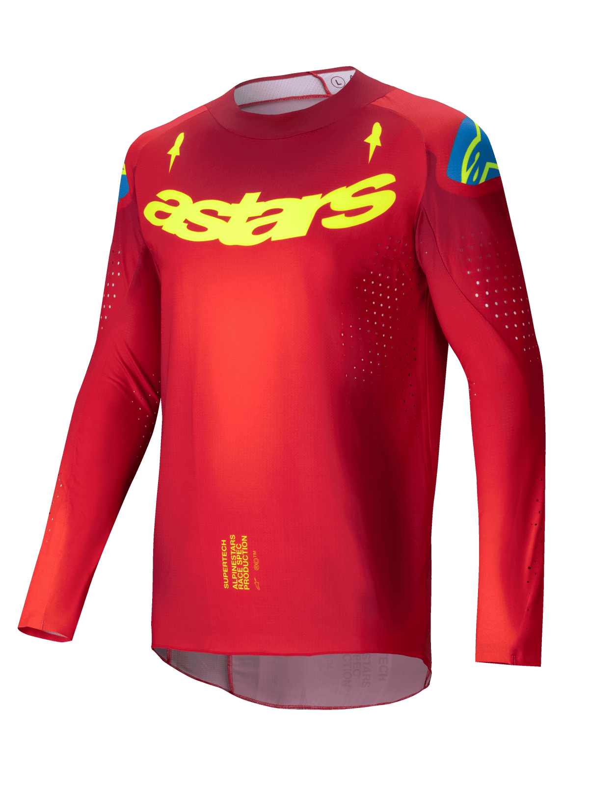 Alpinestars 2025 Supertech Maker Trikot, Pro-Level Motocross-Trikot für Herren in Rot und Gelb Fluo, ultraleichtes Stretch-Mesh mit lasergeschnittenen Belüftungsperforationen