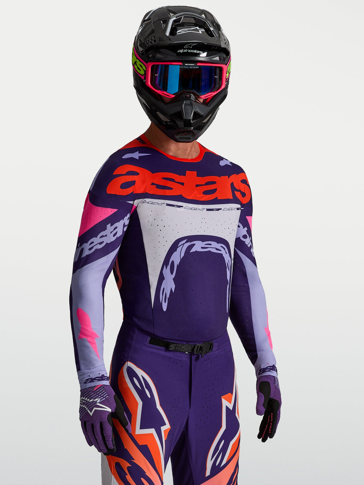 Alpinestars Supertech Dyna Jersey, Men's Motocross Top, Light Violet and Deep Purple with Pink Fluo, athletic stretch mesh.