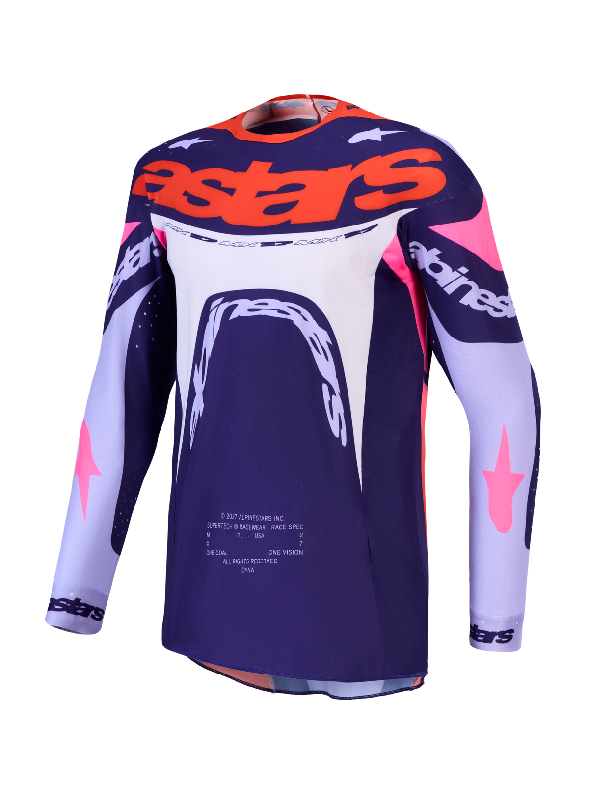Alpinestars Supertech Dyna Jersey, Purple and Pink Fluo motocross jersey with ventilated stretch mesh and athletic fit.