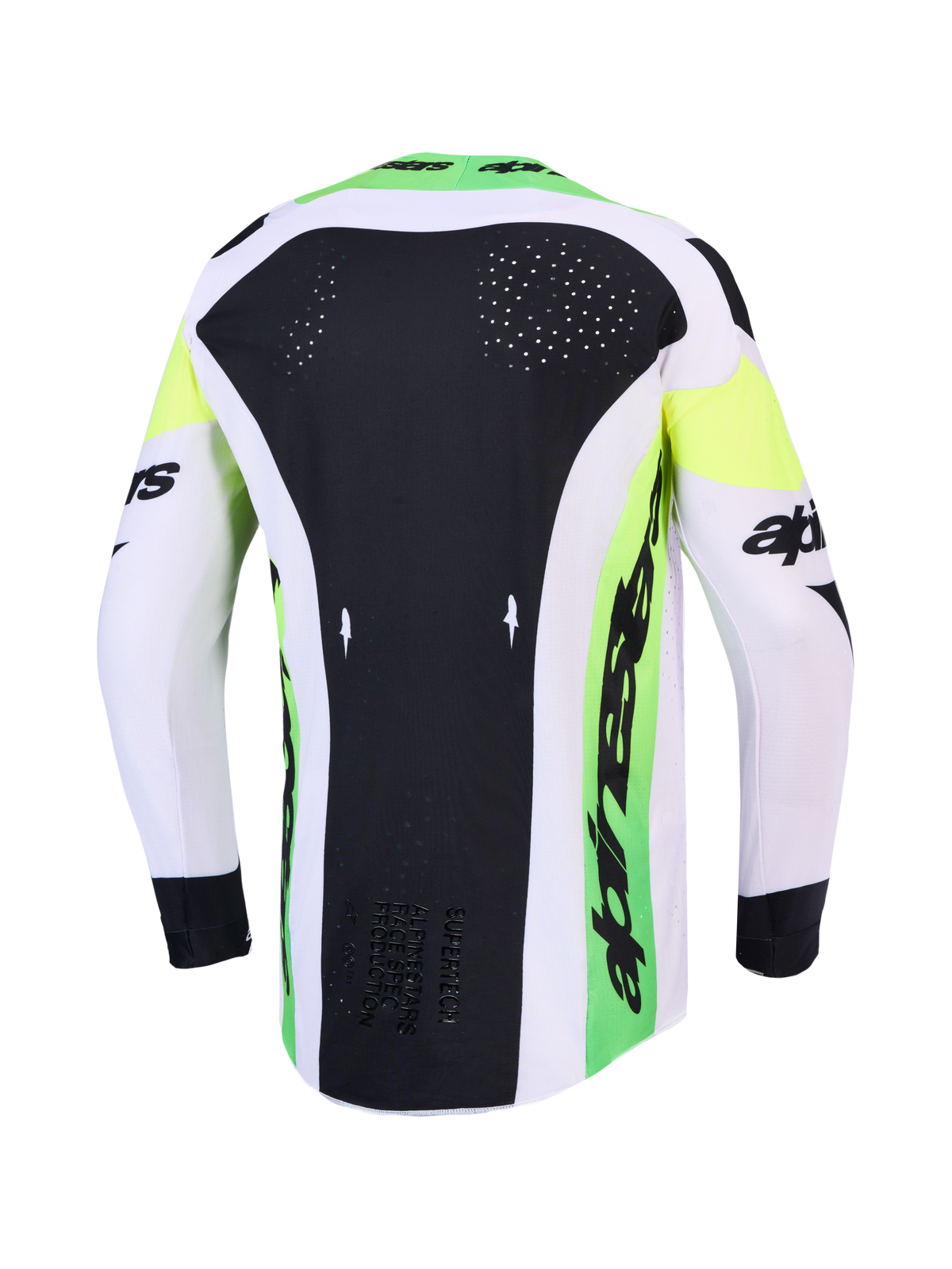 Alpinestars 2027 Supertech Dyna Jersey, back view, green fluo and black motocross jersey with laser-cut ventilation mesh.