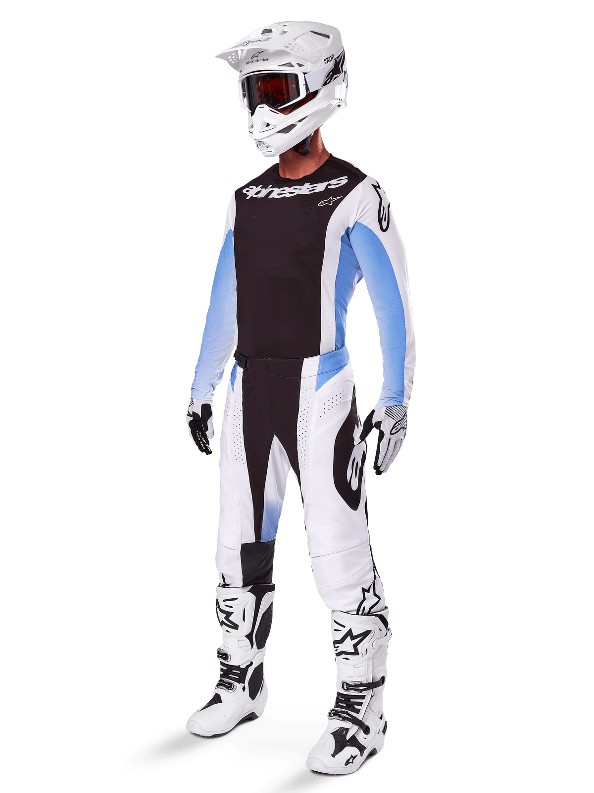2025 Techstar Melt Gear Set, komplette Motocross-Ausrüstung, schwarzes Trikot mit weißen und blauen Ärmeln, weiße Hose mit schwarzen und blauen Akzenten, weißer Helm, schwarz-weiße Handschuhe, weiße Stiefel mit schwarzen Details, komplettes MX-Schutzset