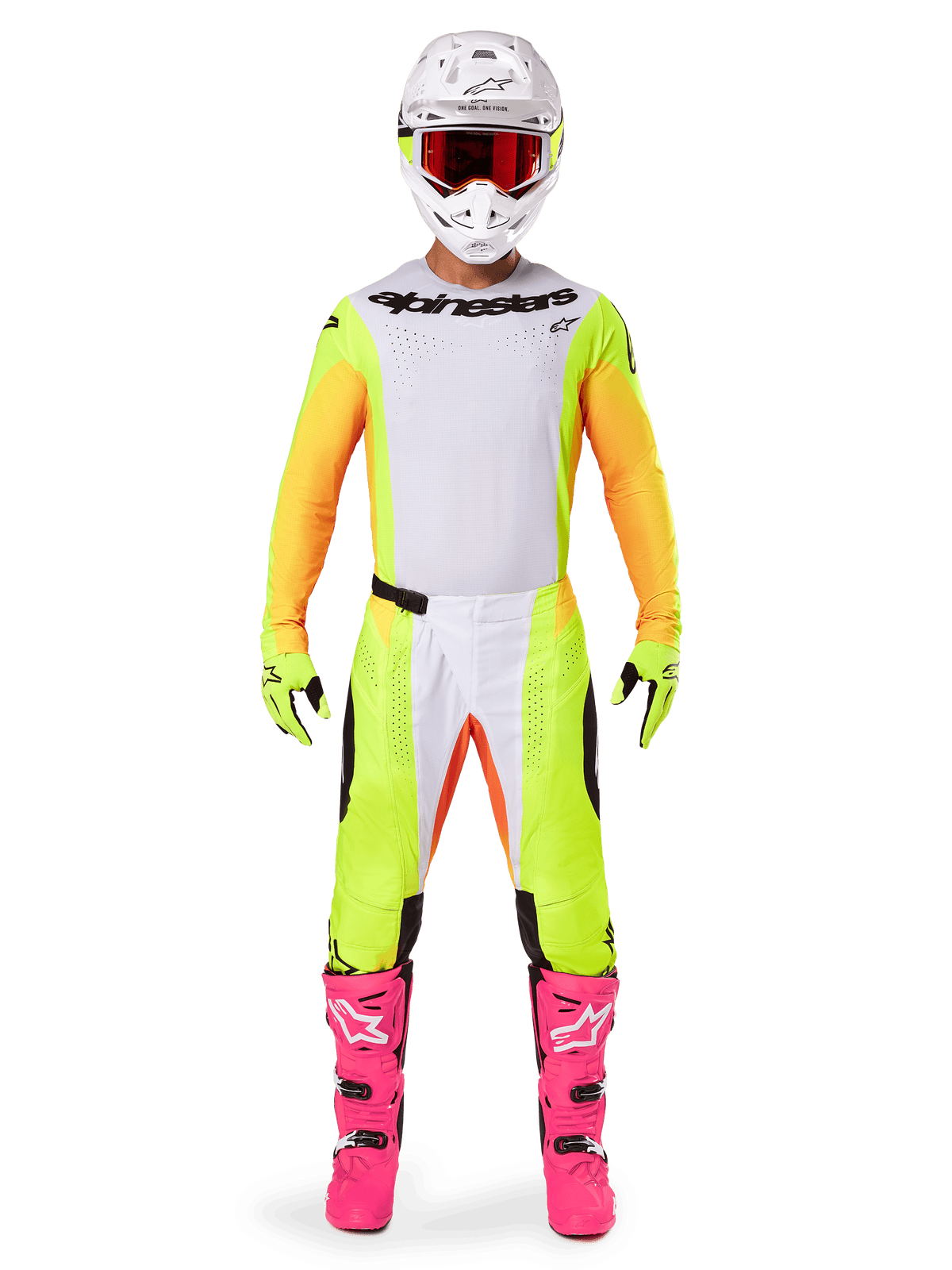 Alpinestars 2025 Techstar Melt Trikot, Motocross-Fahrer in kompletter Ausrüstung, weiß-gelbes Trikot mit orangenen Ärmeln, passende gelbe Hose, leuchtend pinke Stiefel, weißer Helm mit roter Schutzbrille, abgestimmte Offroad-Rennausrüstung