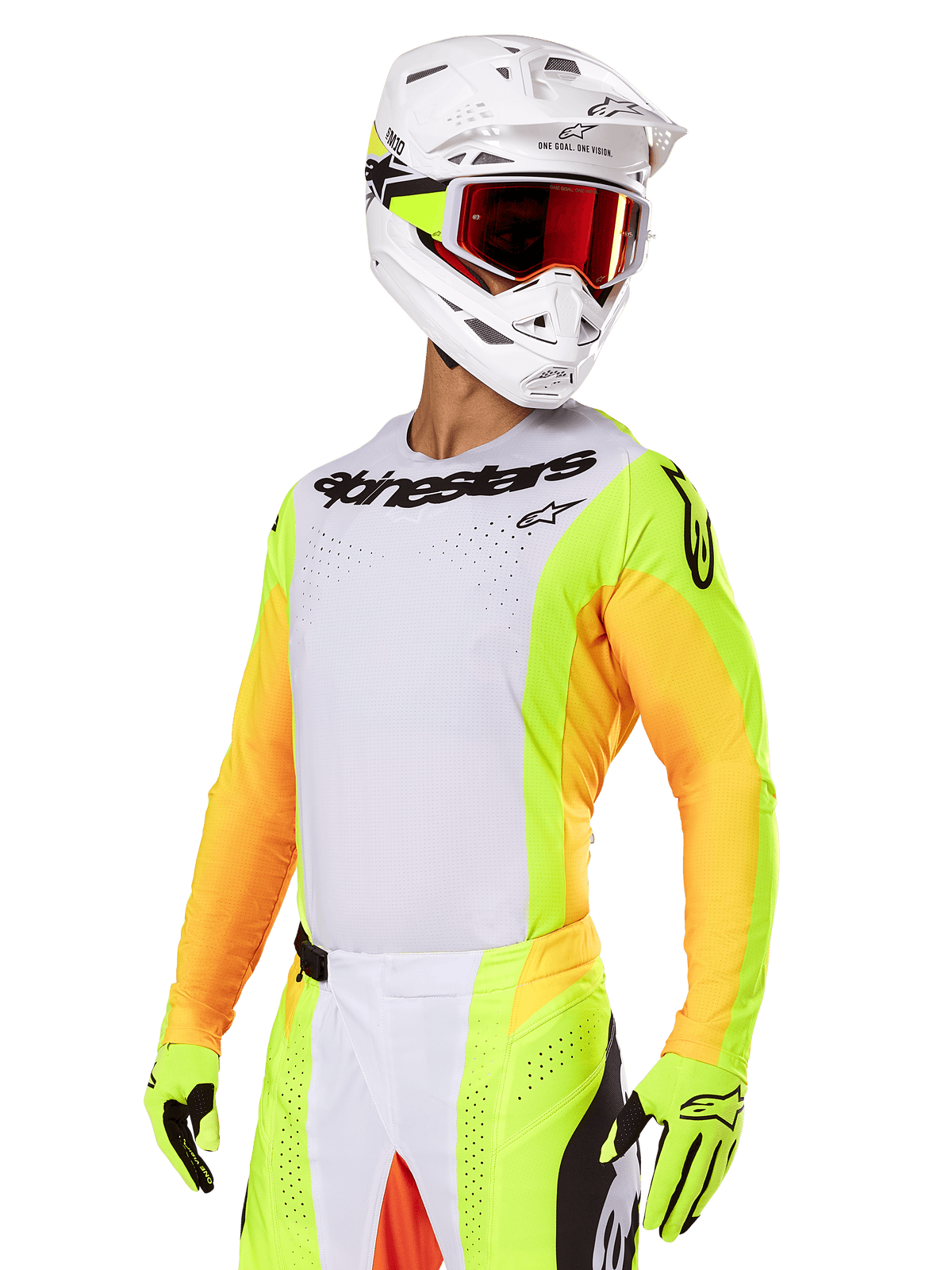 Motocross rider wearing Alpinestars 2025 Techstar Melt Gear Set, white jersey with vibrant yellow and orange sleeves, black 'Alpinestars' chest branding, matching neon yellow gloves, white helmet with red-tinted goggles, professional off-road racing kit