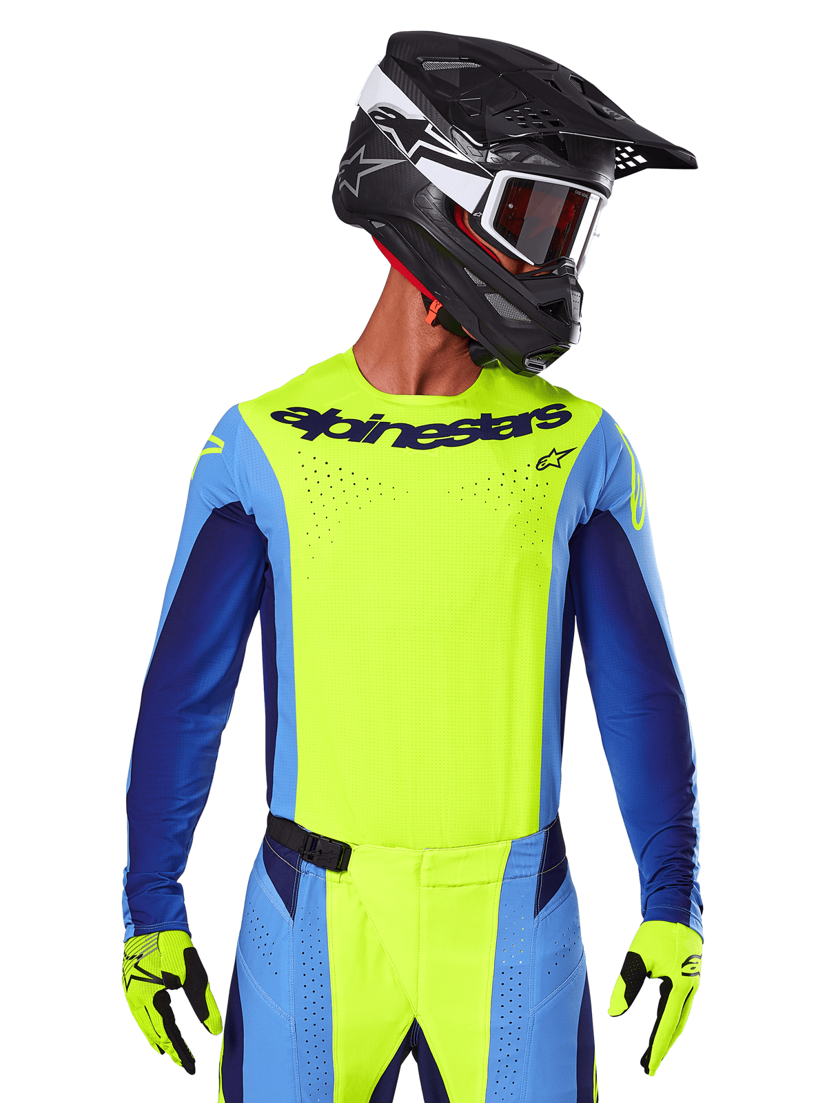 2025 Techstar Melt Jersey, Motocross Racing Jersey, Yellow Fluo and Blue, featuring laser-cut ventilation and athletic race fit, worn by a rider with a black helmet and yellow fluo gloves