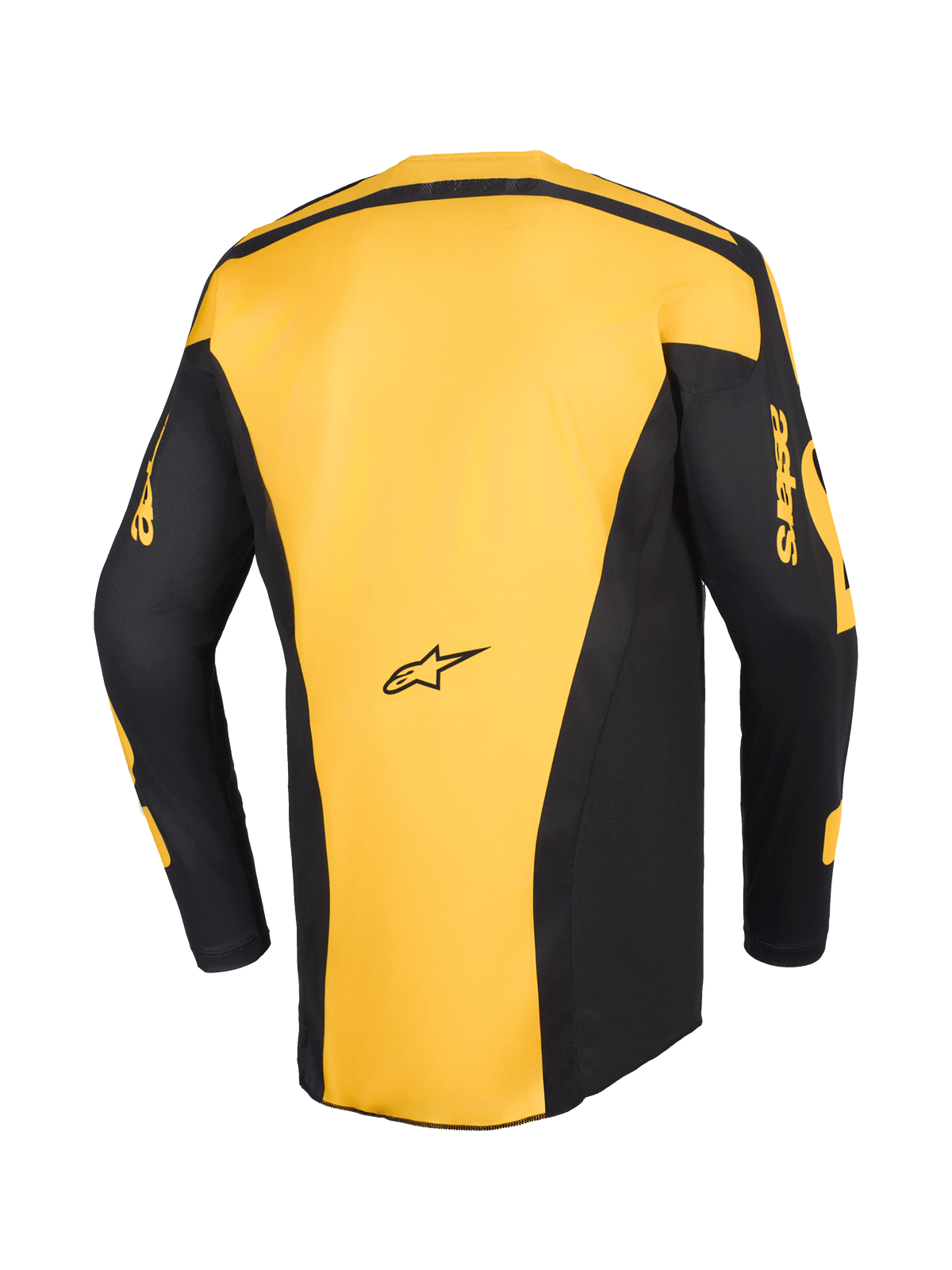 Alpinestars 2026 Racer Riway Trikot, Motocross-Trikot, Gelb und Schwarz, Rückansicht mit gelbem Mittelteil und schwarzen Ärmeln mit gelbem „astars“-Branding, ergonomisches Design für den Offroad-Rennsport