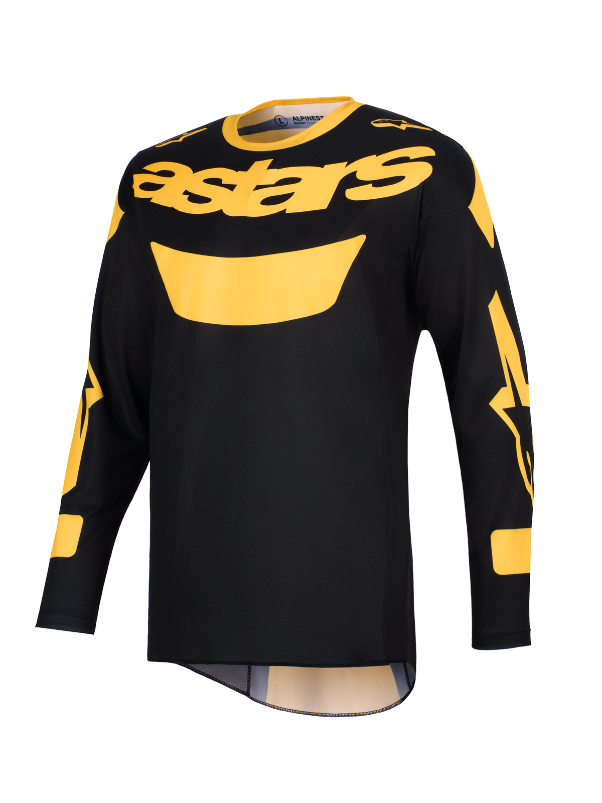 Alpinestars 2026 Racer Riway Trikot, Motocross-Trikot, Gelb und Schwarz, mit markantem gelbem „astars“-Logo auf der Brust, langen Ärmeln mit grafischen Akzenten und einer leichten Polygewebe-Konstruktion für den Offroad-Einsatz.