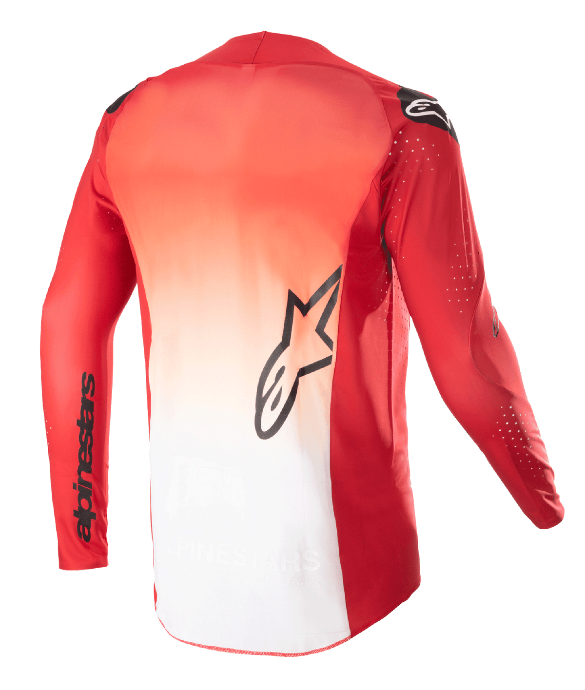 Alpinestars 2023 Supertech Risen Jersey, Rückansicht, Mars Rot und Weißes Farbverlauf-Design, mit schwarzem Alpinestars Stern-Logo mittig auf dem Rücken und Markenname auf dem Ärmel, langärmeliges Motocross-Jersey mit lasergeschnittenen Perforationen zur Belüftung.