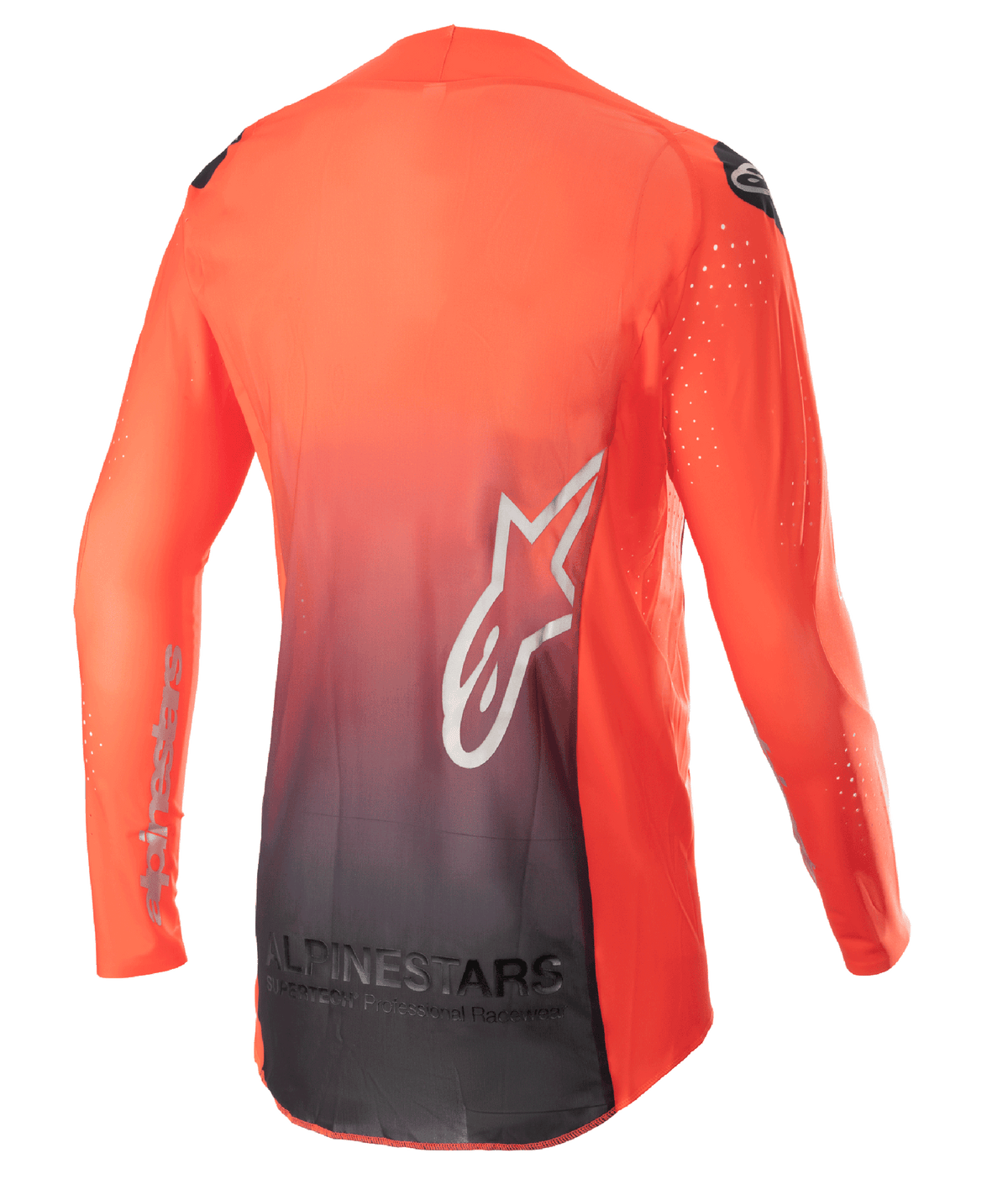 Alpinestars 2023 Supertech Risen Trikot, Motocross-Trikot, Hot Orange und Schwarz, Rückansicht mit einem Farbverlauf von Orange nach Schwarz, großem weißen Stern-Logo auf dem Rücken und atmungsaktivem Mesh-Gewebe für Offroad-Performance.