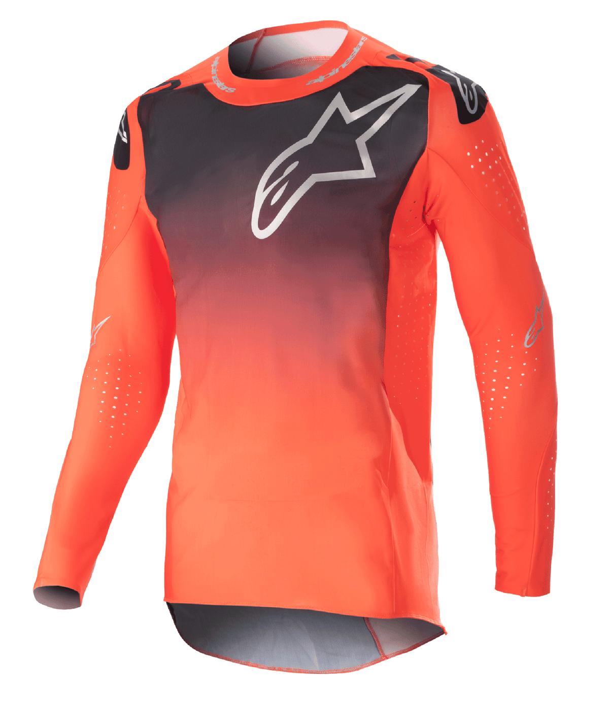 Alpinestars 2023 Supertech Risen Trikot, Motocross-Jersey, Farbverlauf in Hot Orange und Schwarz, mit großem weißem Logo auf der Brust, lasergeschnittene Perforationen für optimale Luftzirkulation, leichtes Stretch-Mesh-Gewebe, Performance-Race-Passform