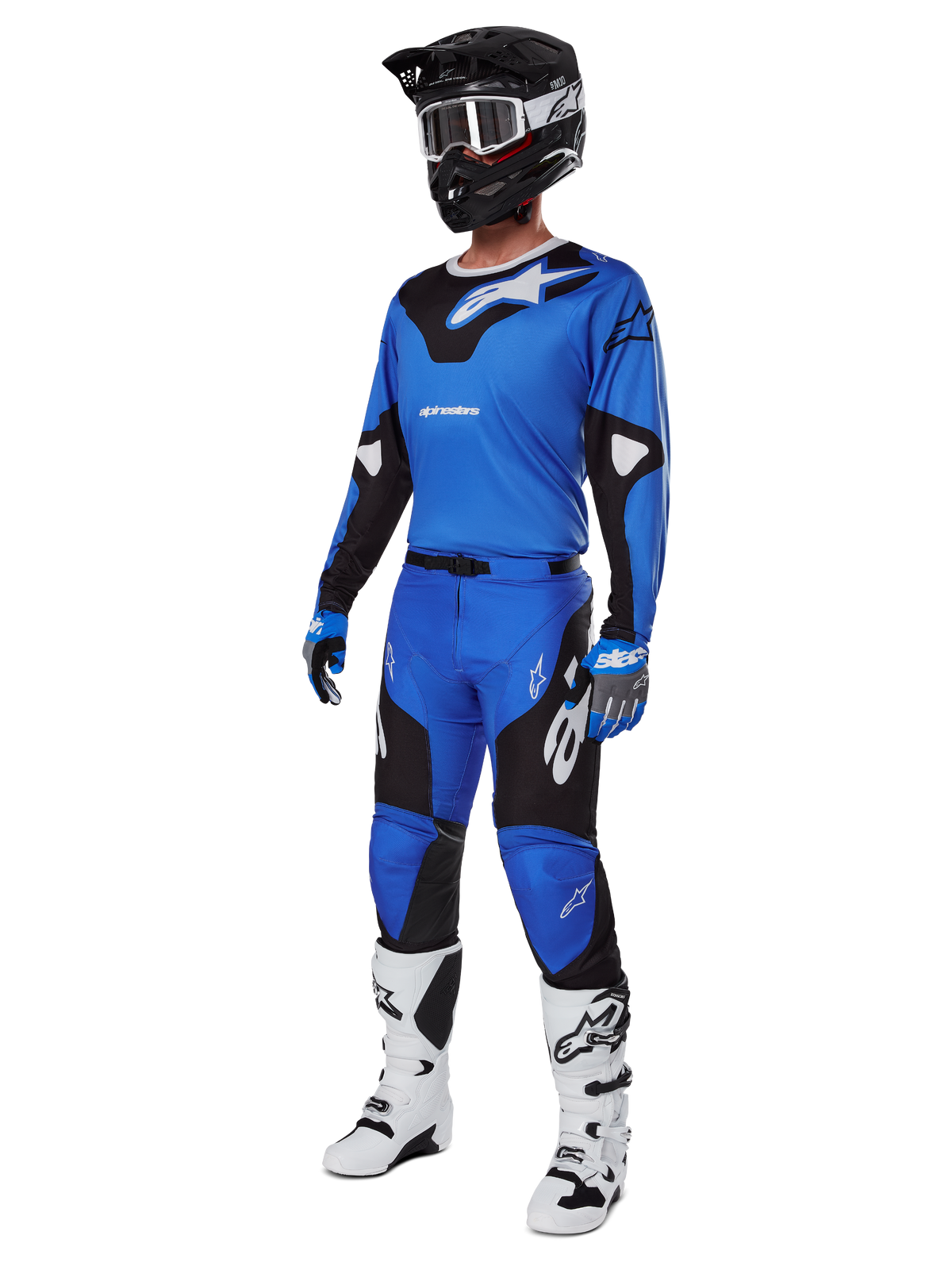 Alpinestars 2025 Racer Veil Gear Set, blau-schwarzes Motocross-Jersey und Hose, komplette MX-Rennausrüstung mit schwarzem Helm, weißer Brille und weißen Stiefeln, technische Offroad-Ausrüstung