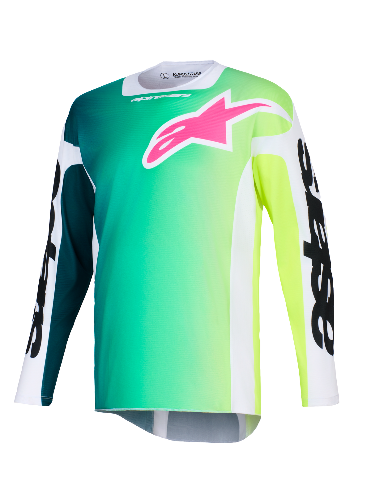 Alpinestars 2026 Racer Portl Trikot, Motocross-Trikot, grün-gelber Farbverlauf, leuchtend pinkes Logo auf der Brust, weiße Ärmel mit markantem schwarzem Alpinestars-Schriftzug, leichtes Funktionsmaterial für den Offroad-Einsatz