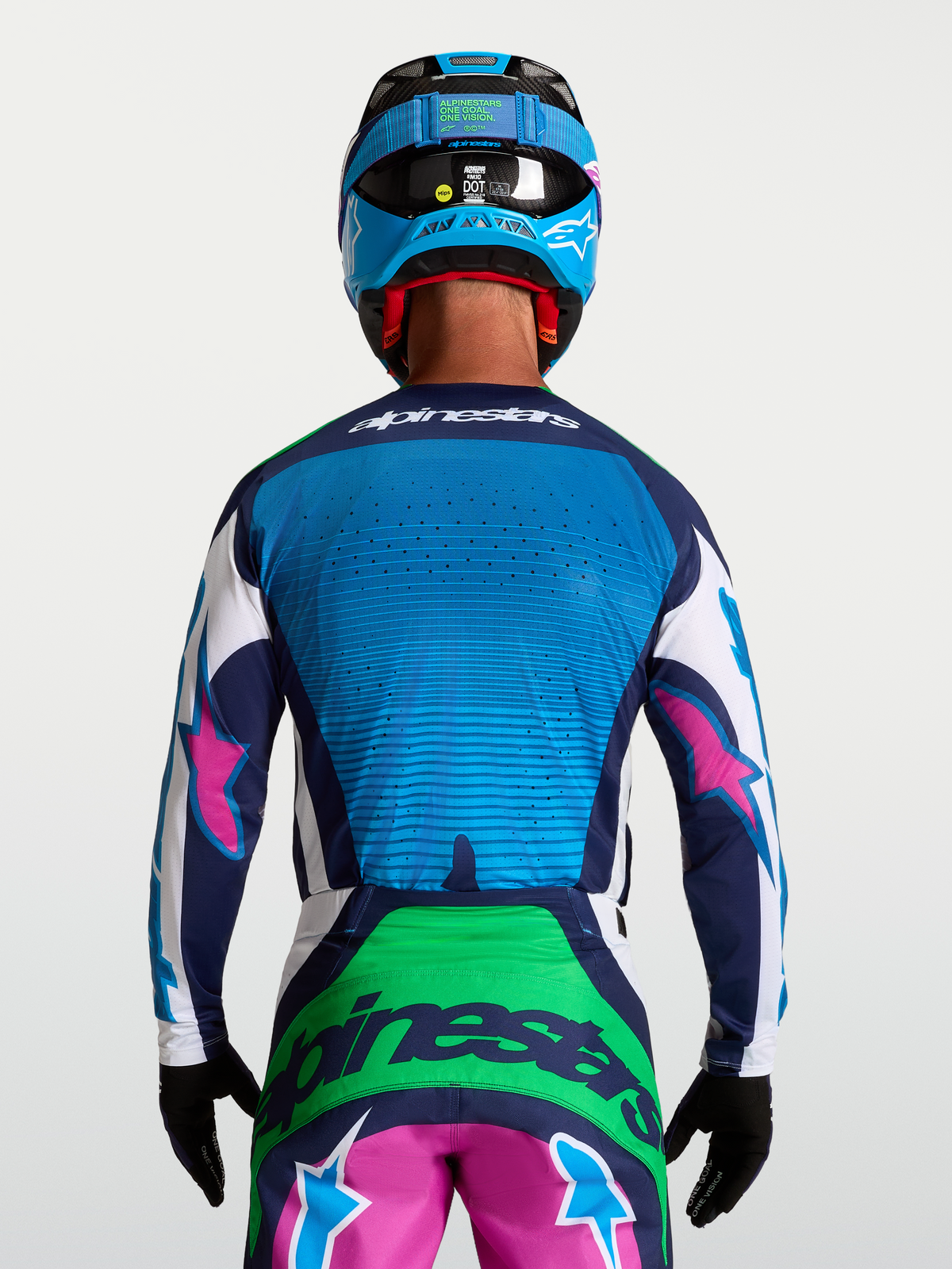 Alpinestars Techstar Maven Jersey, Motocross Racing Jersey, Men's Blue and Green with Pink Accents, Laser-Cut Ventilation.