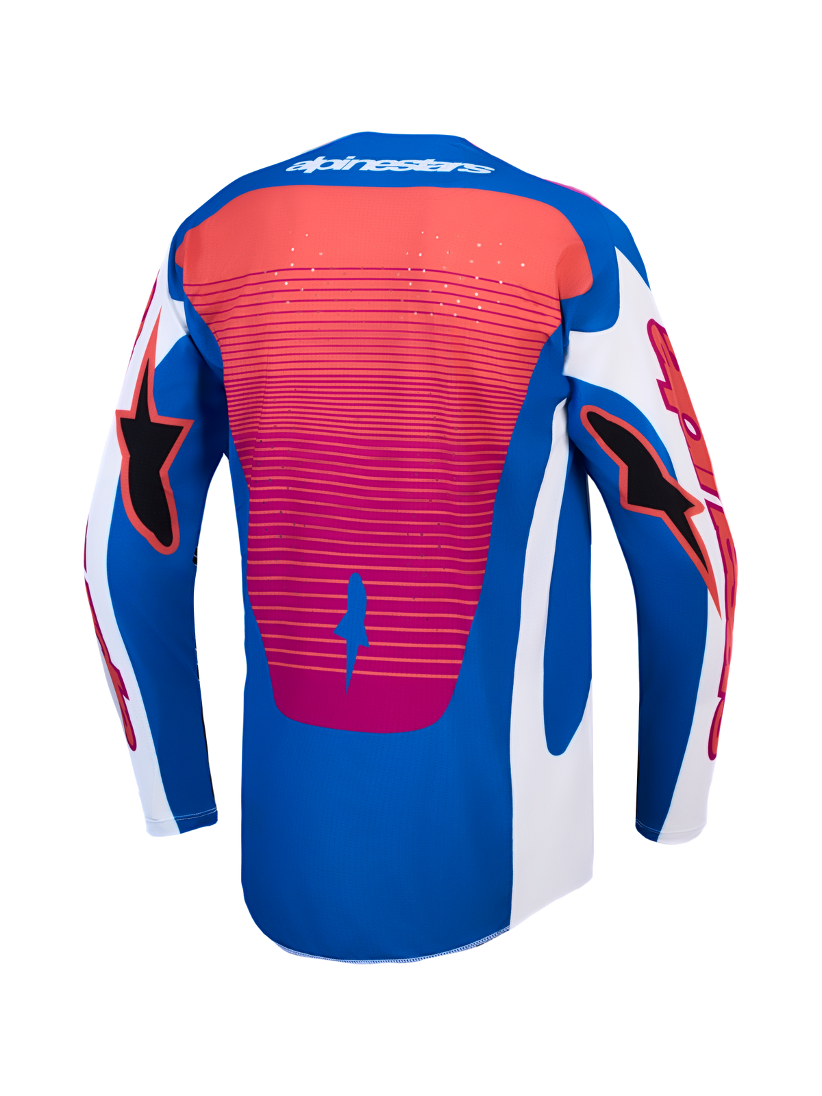 Alpinestars Techstar Maven Trikot in Blau und Rot, Rückansicht mit lasergeschnittener Belüftung, atmungsaktive Motocross-Ausrüstung.