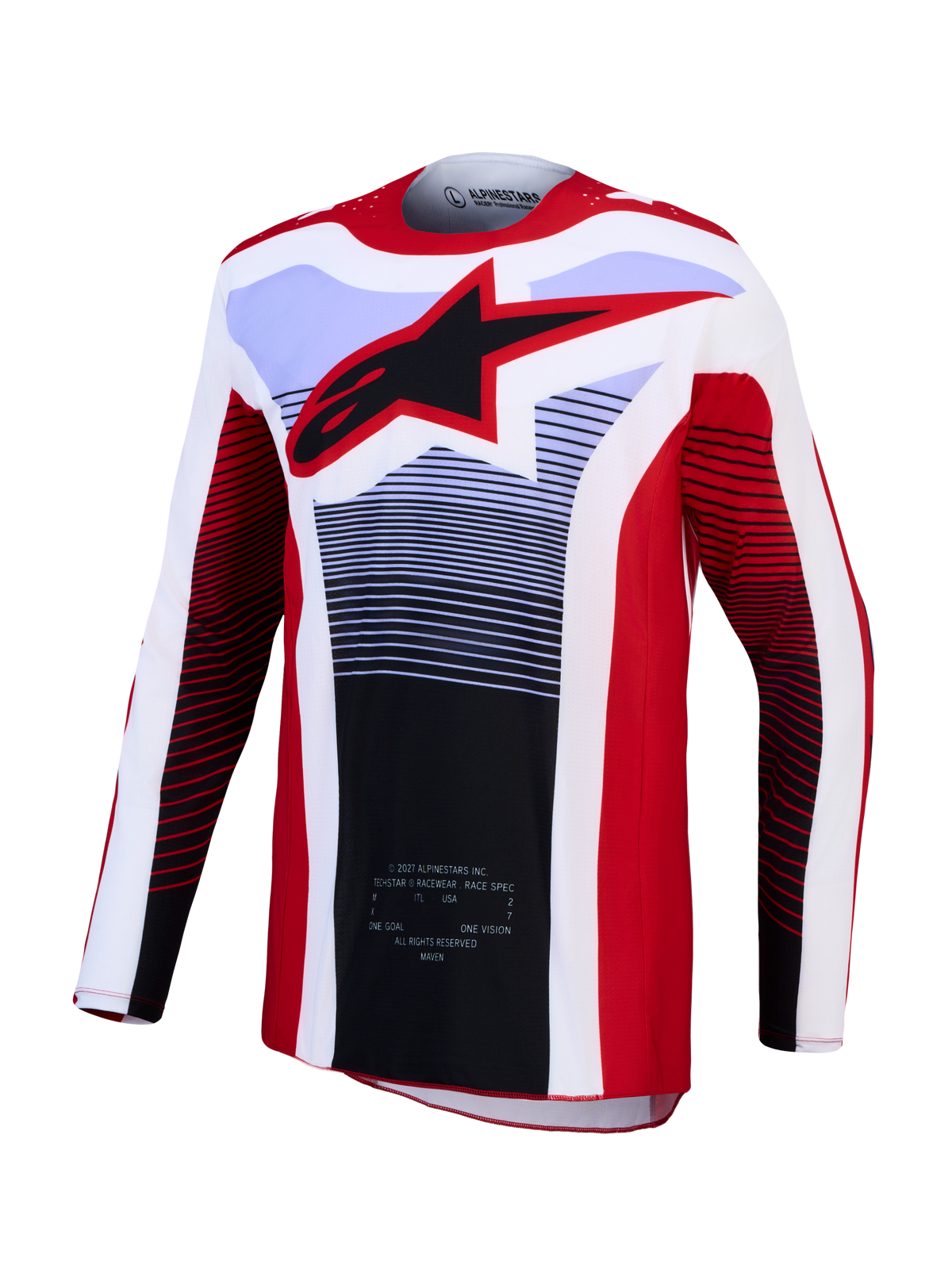 Alpinestars Techstar Maven Trikot, Motocross-Renntrikot, Rot und Weiß, schwarzes Stern-Logo, atmungsaktives Stretchmaterial