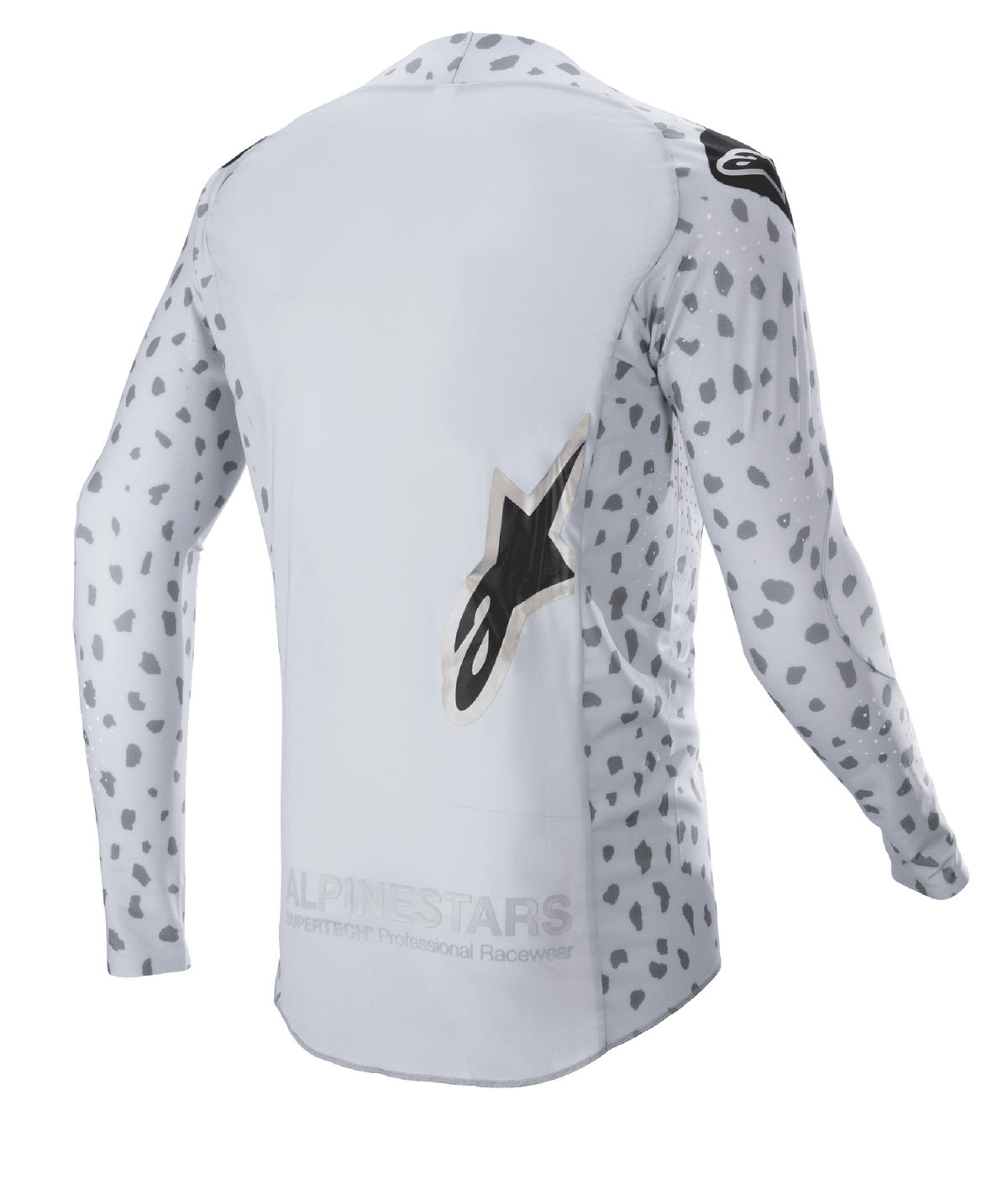 Alpinestars 2023 Supertech North Jersey, Motocross Jersey, Haze Gray and Black, back view featuring an abstract spotted pattern on sleeves and sides, large star logo, extended back panel, and breathable performance construction