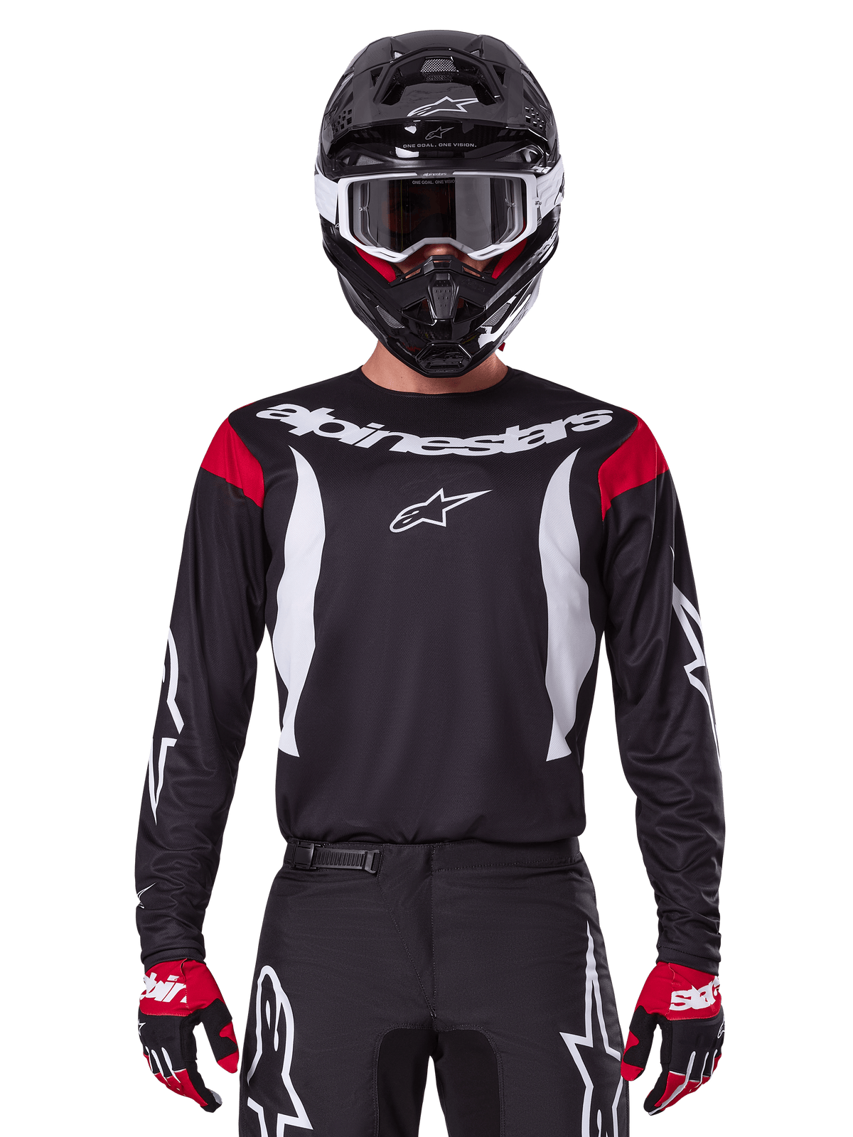 Alpinestars 2025 Fluid Haul Trikot und Bekleidungsset für Herren, schwarz-weißes Motocross-Outfit mit roten Akzenten.
