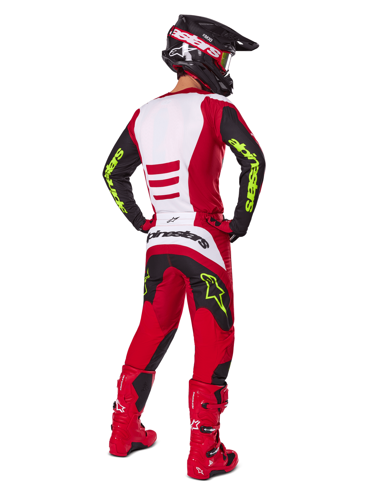 Alpinestars 2025 Fluid Haul Jersey and Gear Set, Red and Black motocross outfit with neon yellow accents.