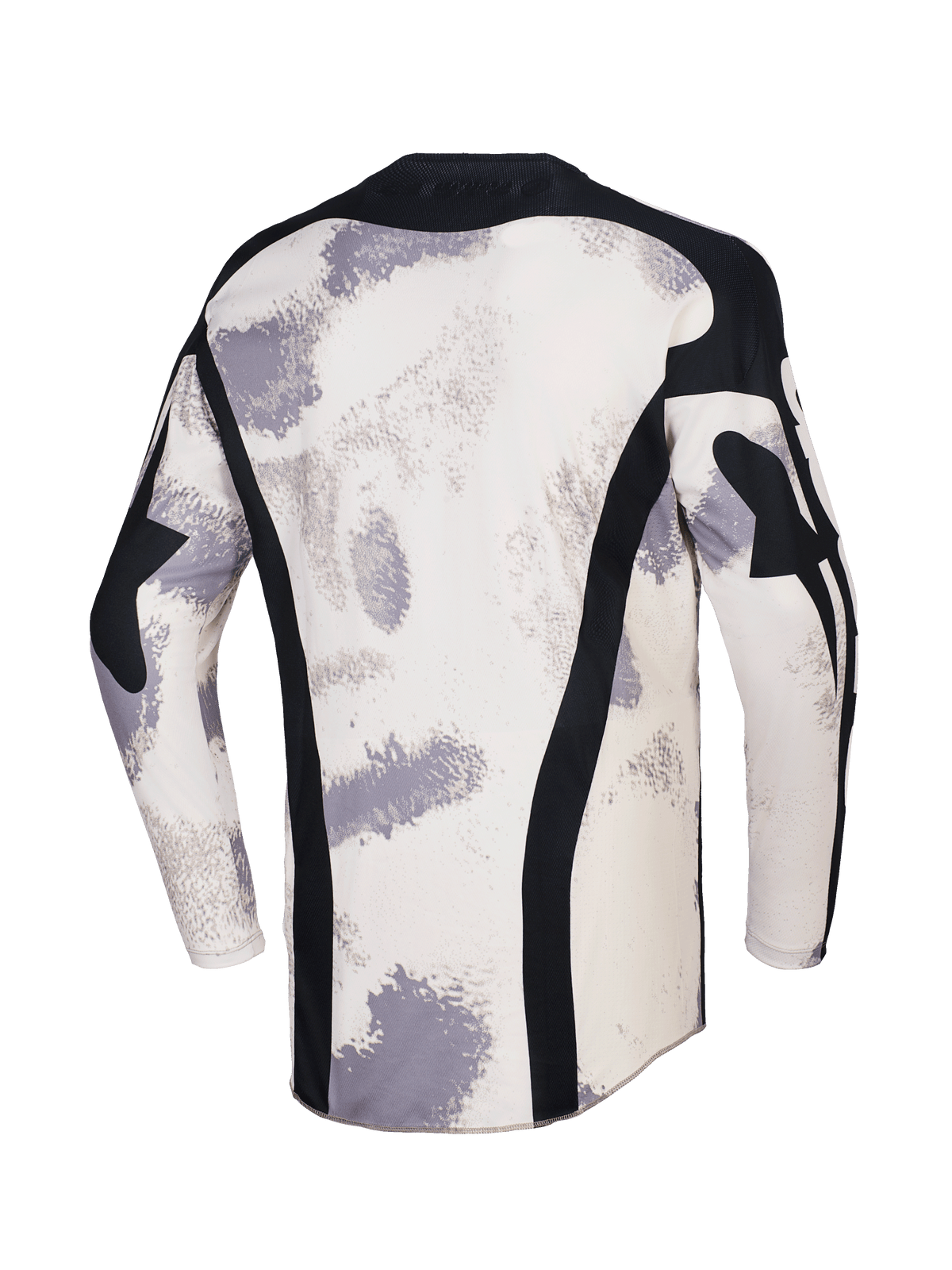 Alpinestars 2026 Racer Lahnd Trikot, Motocross-Trikot, Sand-Camo mit cremeweißen und grauen Pinselstrich-Mustern, Rückansicht mit vertikalen schwarzen Mesh-Einsätzen, schwarzem Kragen und verlängerter Rückenpartie für zusätzliche Abdeckung.