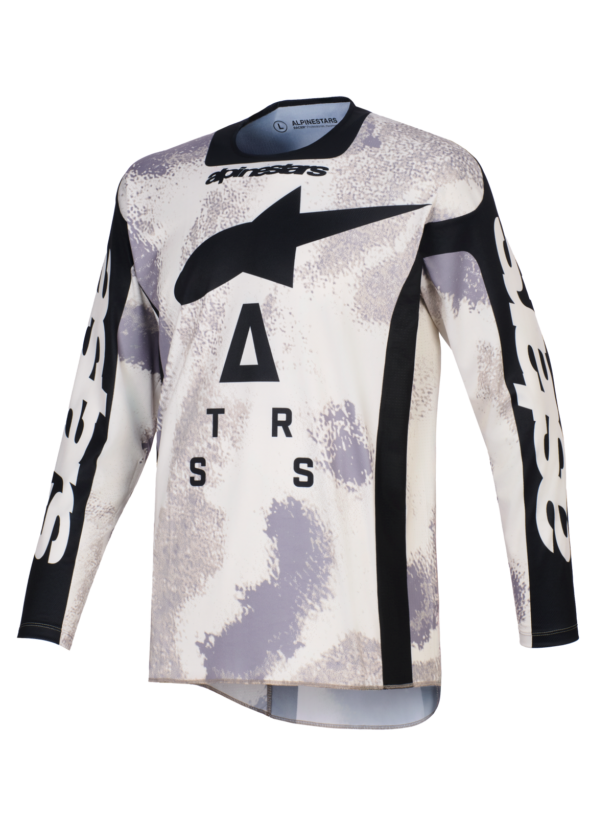 Alpinestars 2026 Racer Lahnd Trikot, Motocross-Trikot, Sand Camo Grau und Weiß, mit großem schwarzem A-Star-Logo und stilisierter Beschriftung auf der Brust, schwarzer Rundhalsausschnitt und seitliche Einsätze, lange Ärmel mit weißem Branding, professionelle Offroad-Rennbekleidung.
