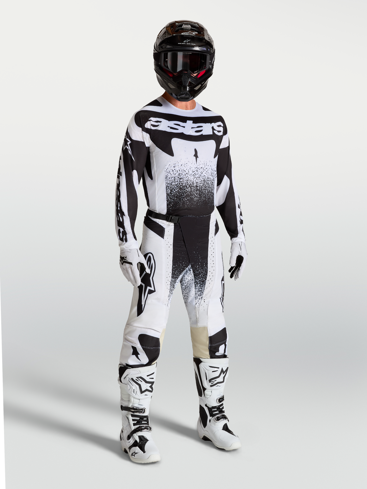 Alpinestars Techstar Swan Jersey and Gear Set, Men's Motocross outfit in black and white with performance graphics.