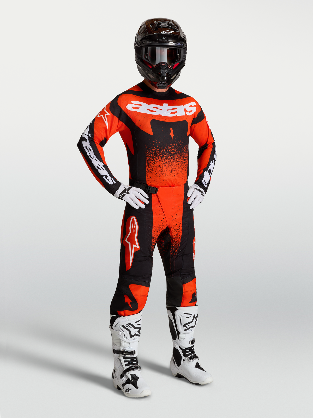 Alpinestars Techstar Swan Gear Set and Jersey, Cardinal Red and Black motocross outfit for men featuring white racing boots.