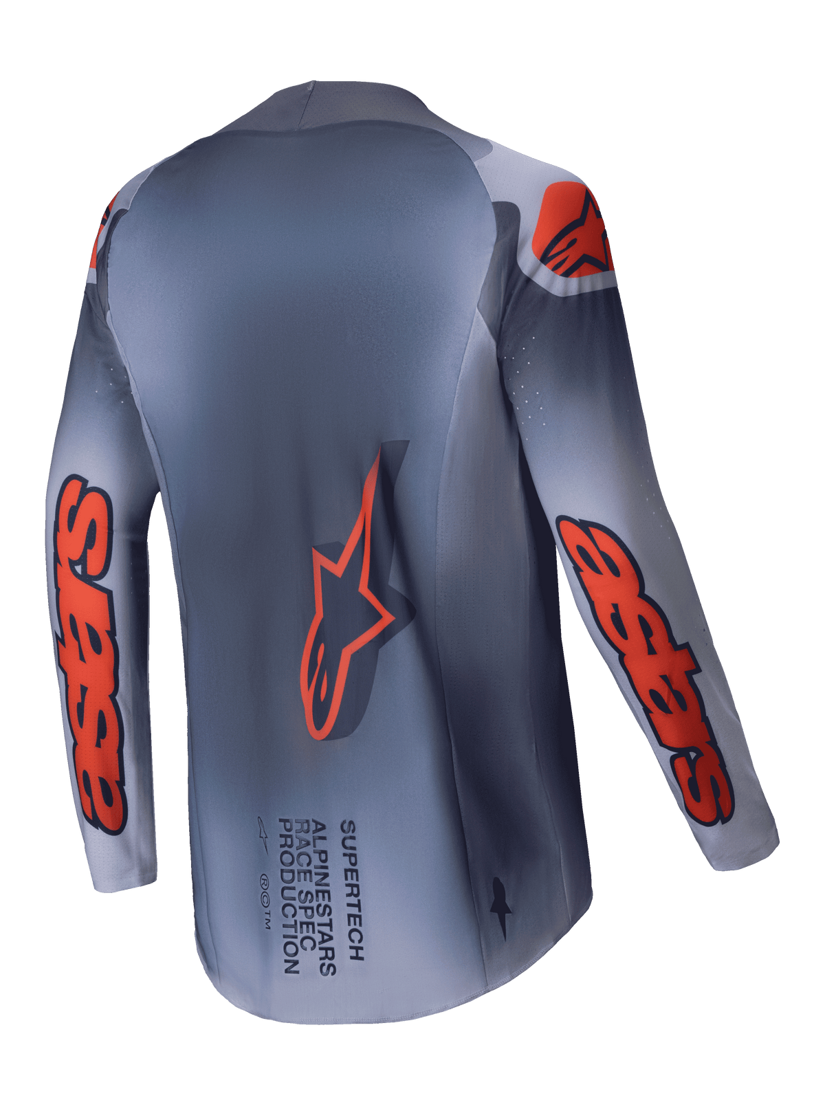 Alpinestars 2025 Supertech Lipan Trikot, Motocross-Trikot für Herren, Grau und Orange Fluo, leichte Stretch-Mesh-Konstruktion, Rückansicht mit verlängerter Rückenpartie und Branding-Details