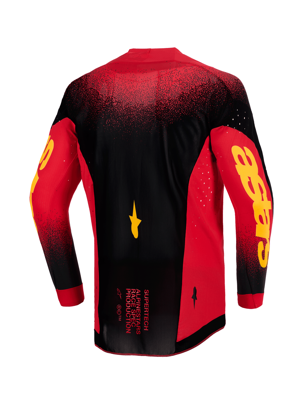 Alpinestars 2026 Supertech Scenz Trikot, Rückansicht, Rot, Schwarz und Gelb, professionelles Motocross-Trikot aus leichtem Stretch-Mesh, lasergeschnittene Belüftungsöffnungen, markantes gelbes Astars-Branding auf den Ärmeln und verlängerter hinterer Saum für Rennperformance