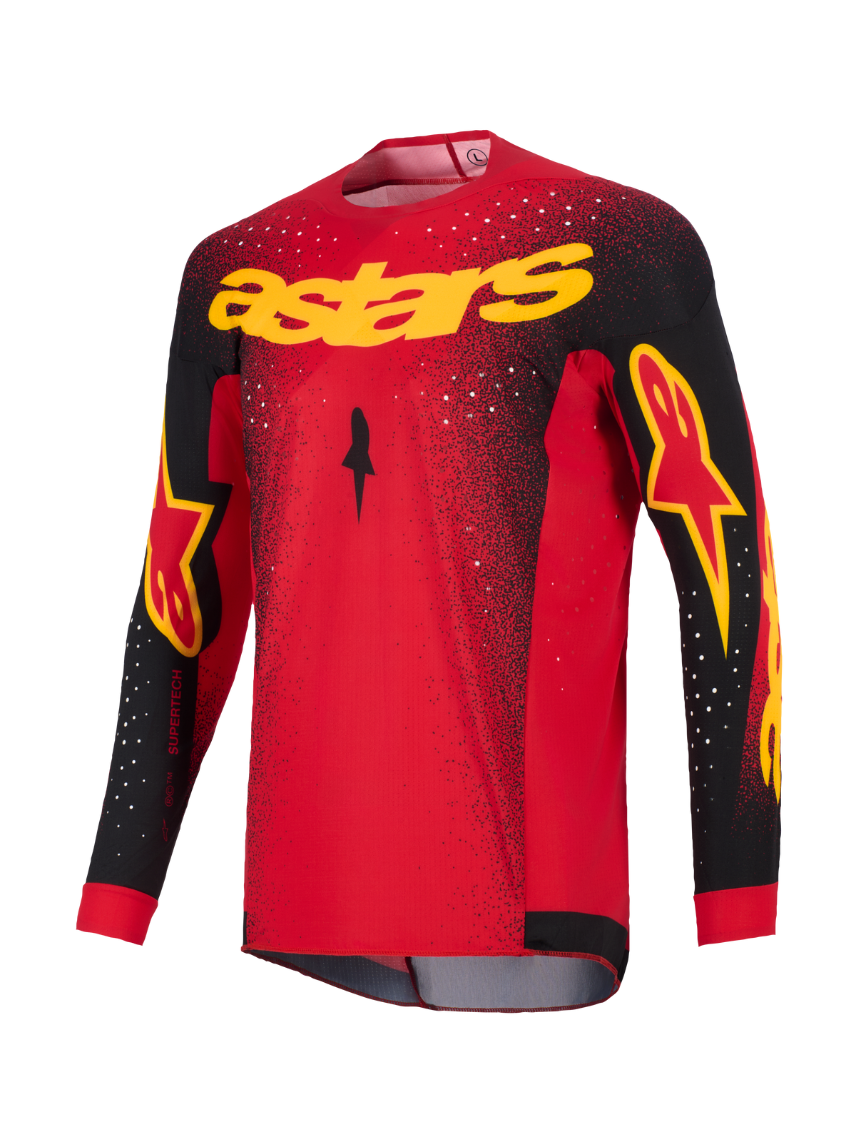 Alpinestars 2026 Supertech Scenz Trikot, Motocross-Trikot, Rot, Schwarz und Gelb, mit gelbem 'astars'-Branding auf der Brust, schwarzen Ärmeln mit Logo-Akzenten und weißem gesprenkelten Muster an den Schultern und am Oberkörper