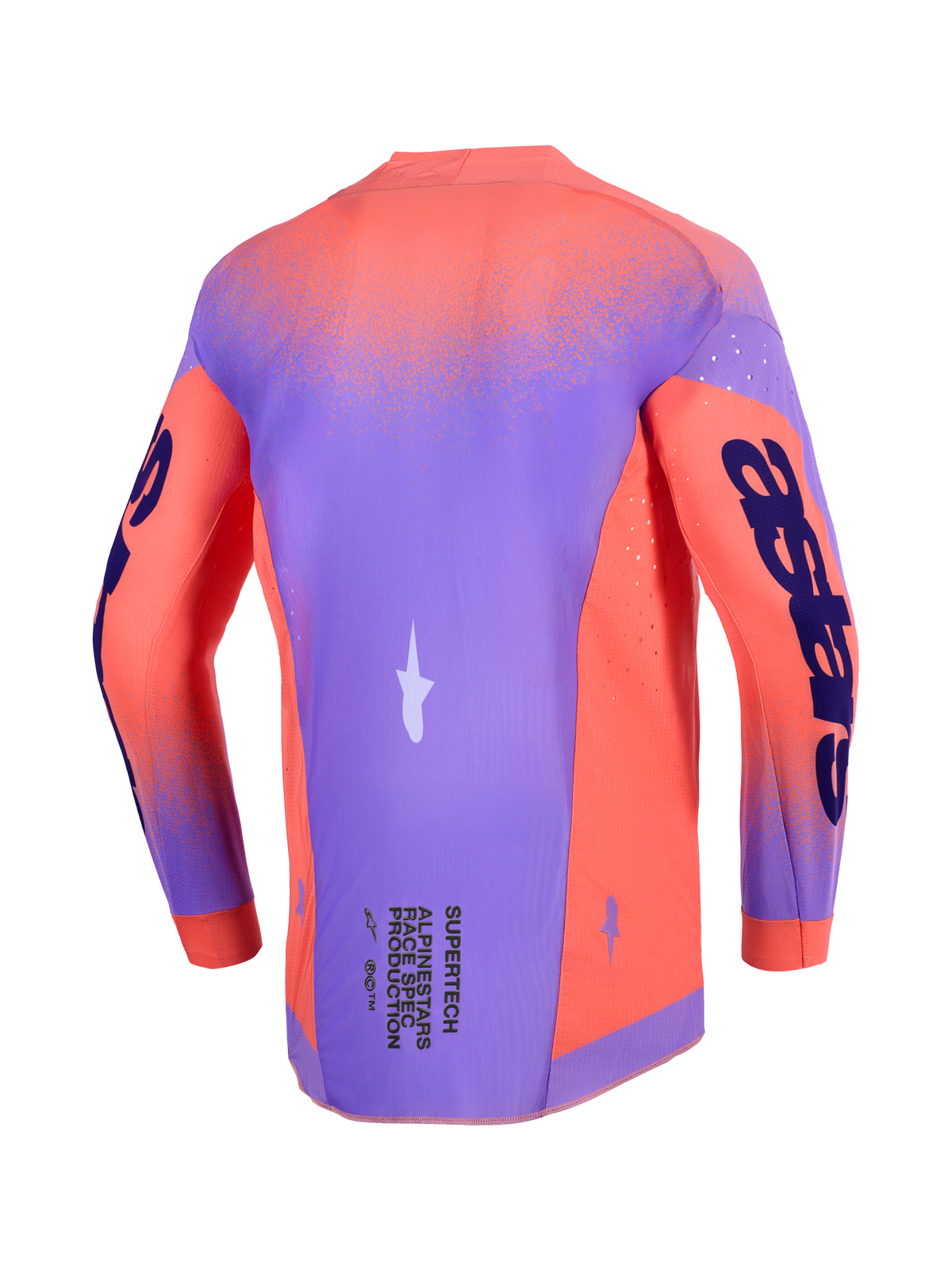 Alpinestars 2026 Supertech Scenz Jersey, Motocross-Trikot, Hot Coral und Lila, Rückansicht mit leichtem Stretch-Mesh-Chassis, lasergeschnittenen Perforationen zur Belüftung und markantem Branding an den Ärmeln und am unteren Rücken.
