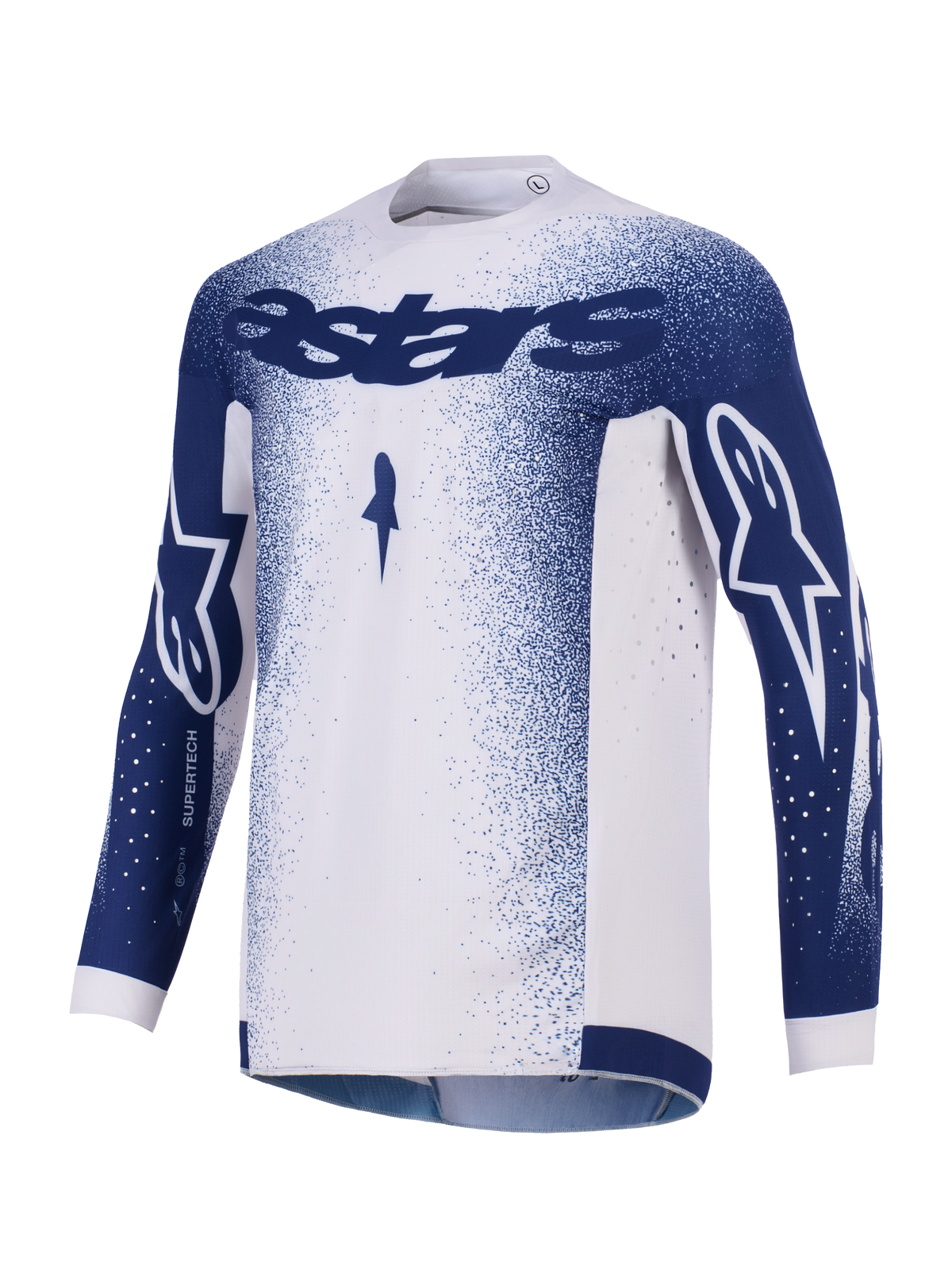 Alpinestars 2026 Supertech Scenz Trikot, Motocross-Jersey, Hellgrau und Dunkelblau, mit dunkelblauem Astars-Branding auf der Brust und den Ärmeln, Farbverlauf-Sprenkelmuster, lasergeschnittene Perforationen zur Belüftung, professionelle Offroad-Rennausrüstung