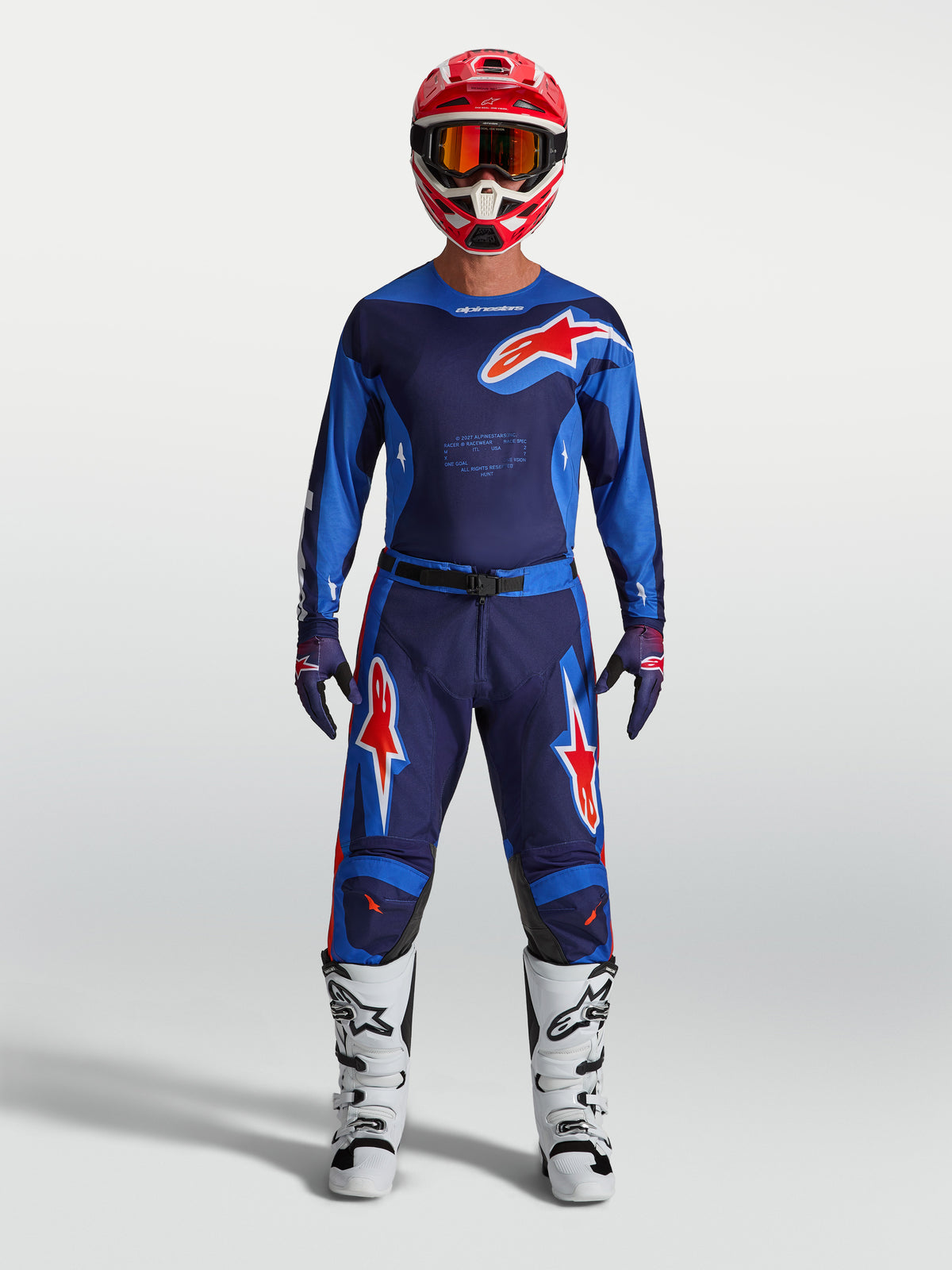 Alpinestars 2027 Racer Hunt Jersey AND 2027 Racer Hunt Gear Set, Men's Motocross Outfit, Blue and Red, textile construction.