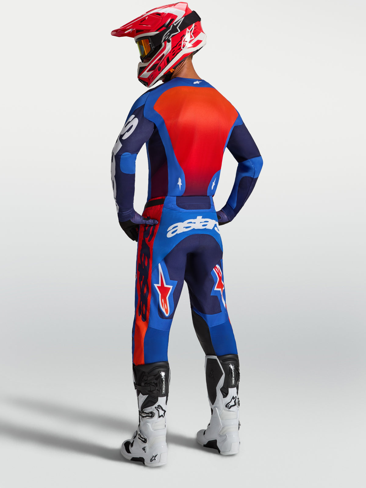 Alpinestars Racer Hunt Jersey, Men's Motocross Gear, Strong Blue and Fire Red, moisture-wicking polyfabric.