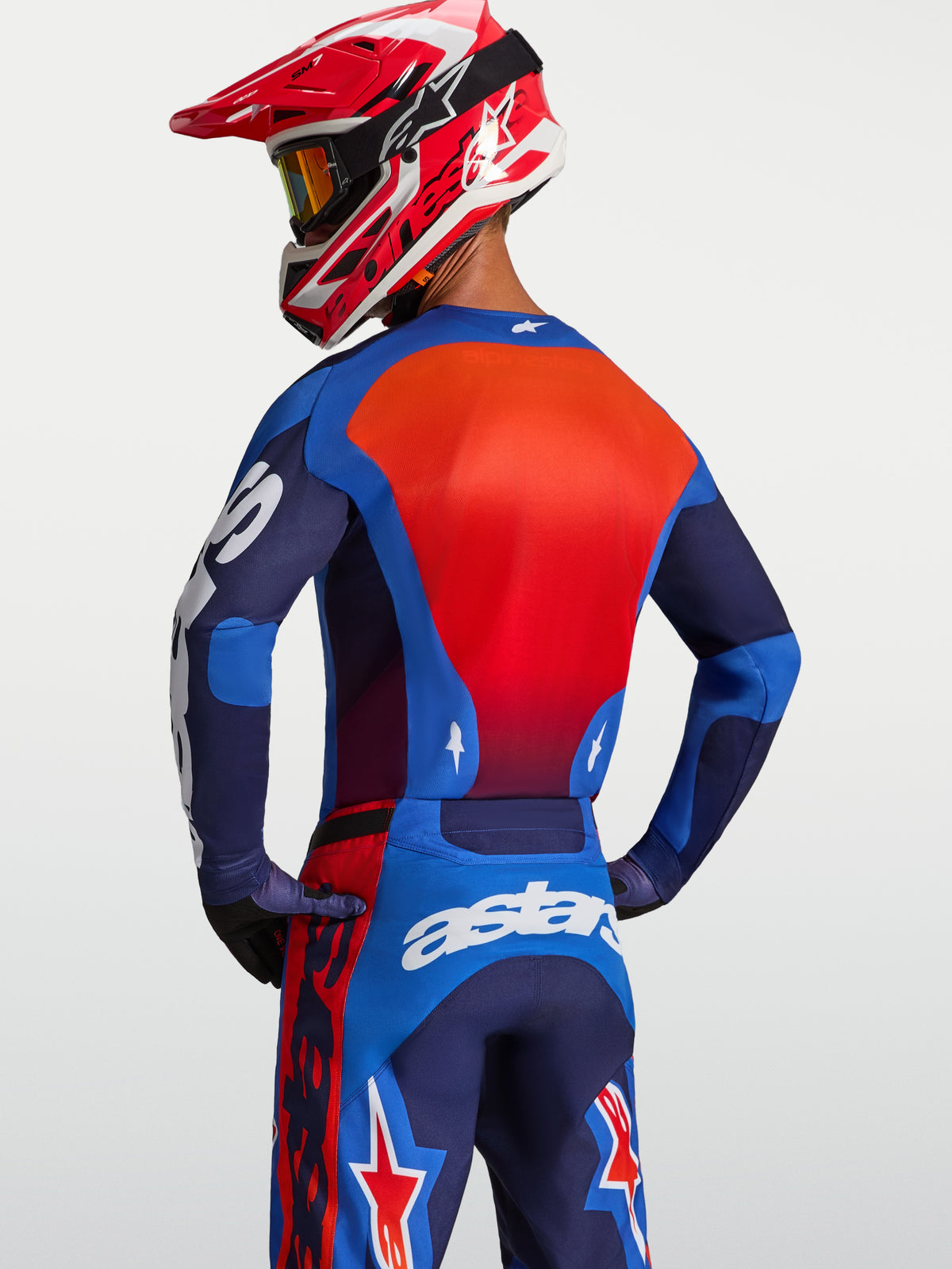 Alpinestars Racer Hunt Jersey, Men's Motocross Jersey in Blue and Red with moisture-wicking fabric and ergonomic race fit.