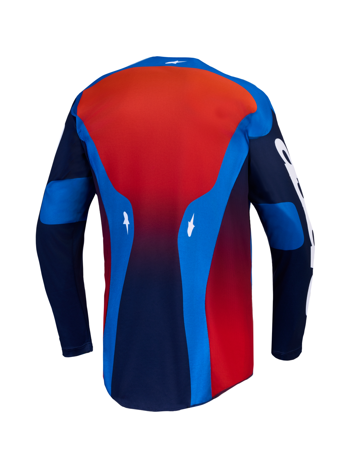 Alpinestars Racer Hunt Jersey, Motocross Riding Gear, Blue and Fire Red, lightweight moisture-wicking textile, back view.