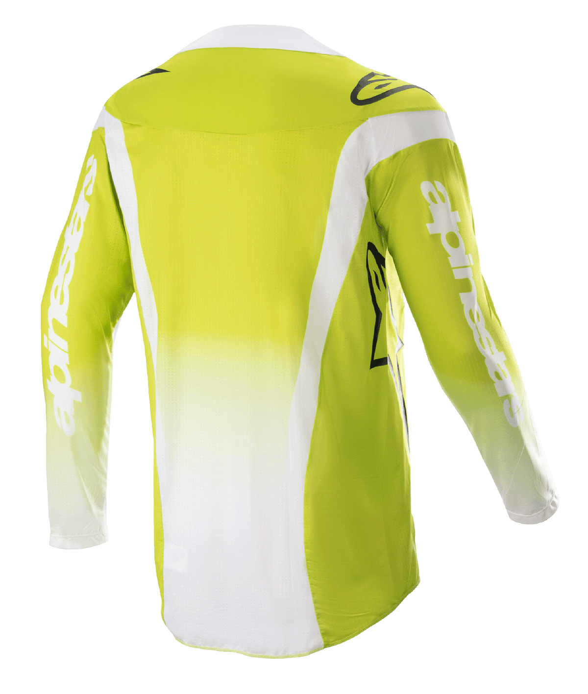 Alpinestars 2023 Techstar Push Trikot, Rückansicht, Gelb Fluo und Weiß, Langarm-Motocross-Trikot mit weißen Seiteneinsätzen und Branding auf den Ärmeln, technische Offroad-Ausrüstung
