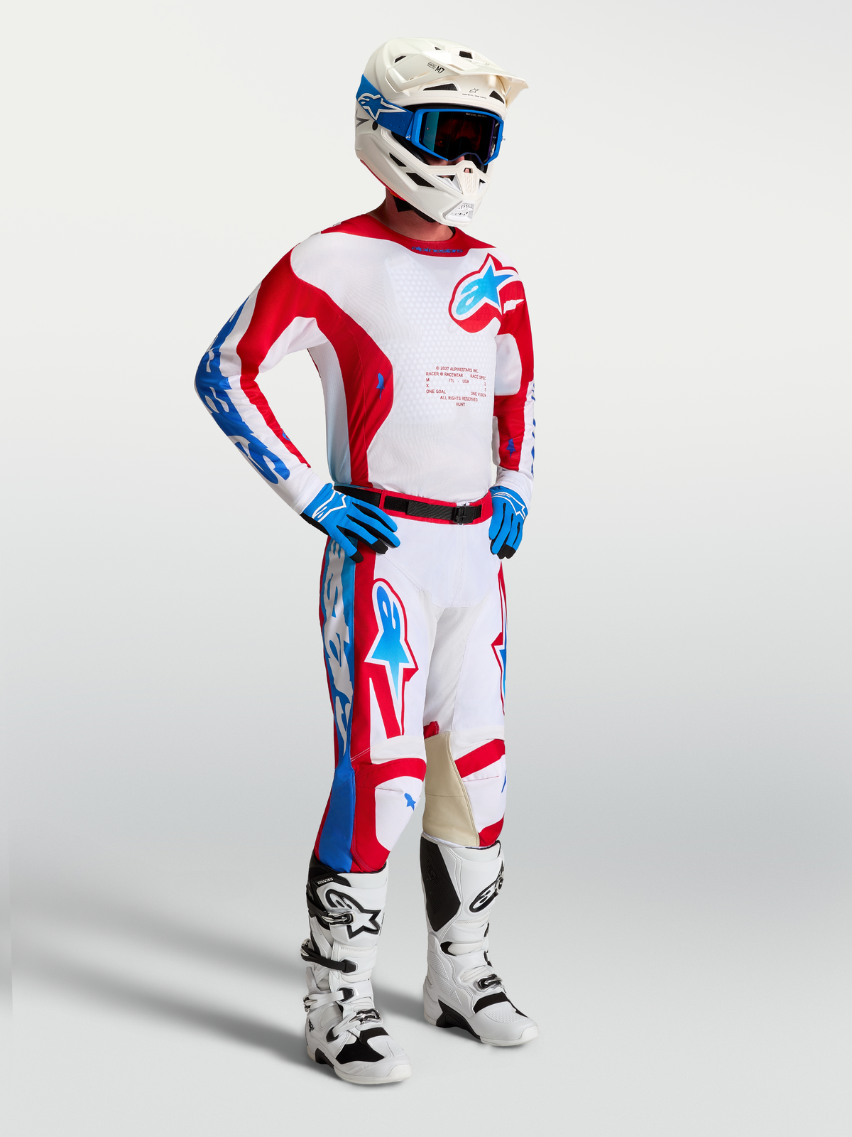 Alpinestars Racer Hunt Jersey, Motocross Racing Apparel, Men's, White, Red, Blue, lightweight moisture-wicking polyfabric.