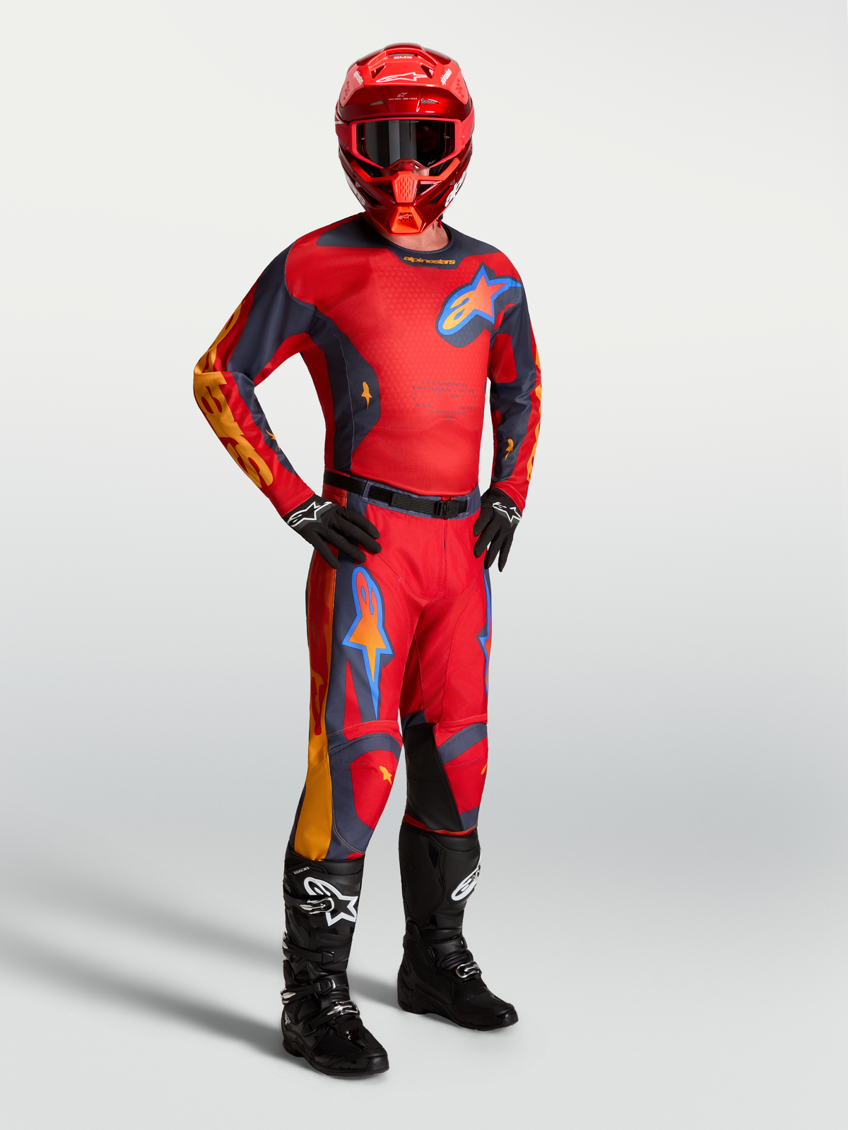 Alpinestars Racer Hunt Jersey, men's motocross gear in fire red and graystone, performance race fit with ventilated mesh.