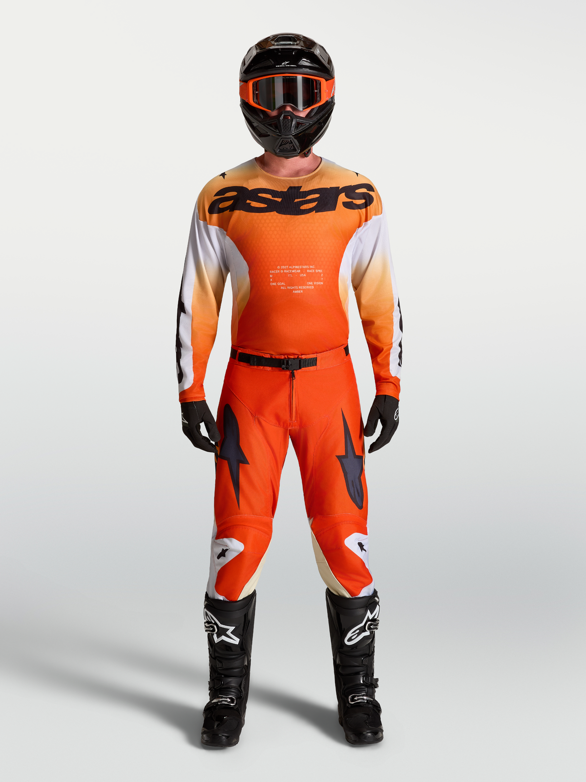 Alpinestars Racer Amber Jersey and Racer Amber Gear Set, Men's Motocross Racing Outfit, Orange and White, breathable race fit.