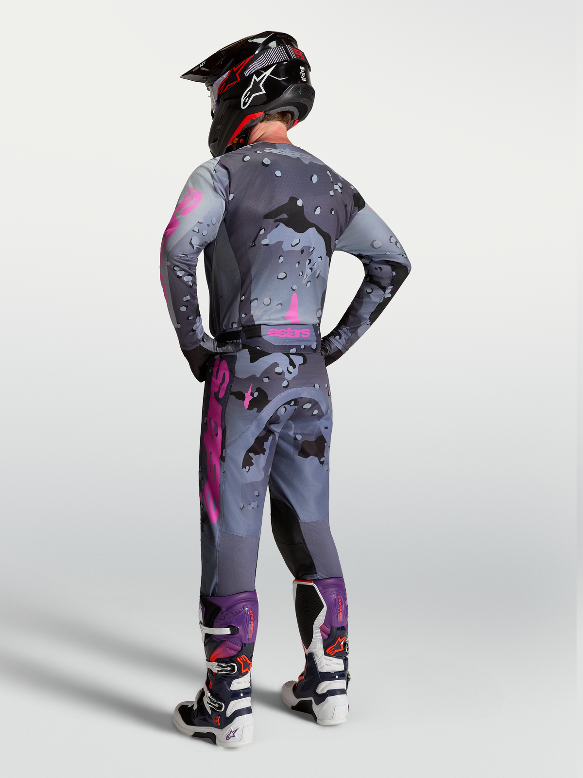 Alpinestars Racer Lone Pants, Motocross Racing Gear Set, Men's Gray Camo and Purple, on-model rear view with matching jersey and boots.