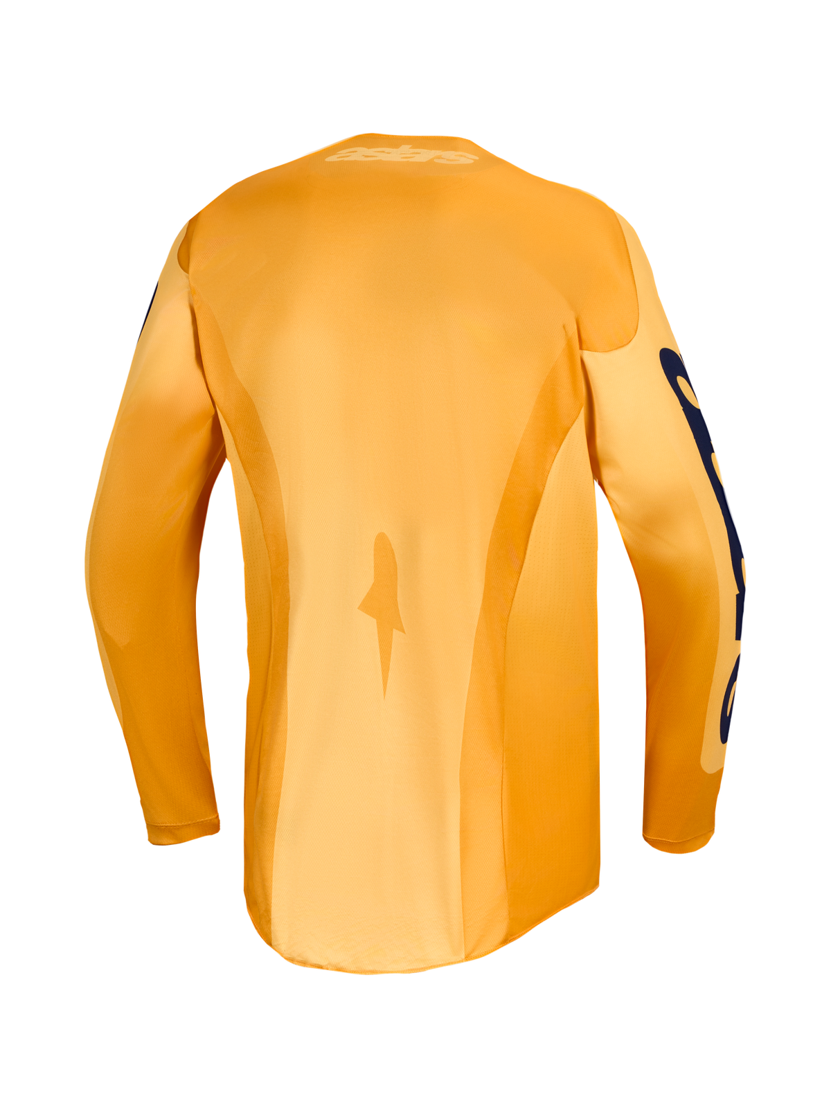 Alpinestars Racer Amber Trikot und Gear Set, Rückansicht, Motocross-Oberteil in Orange und Blau mit verlängertem Rückenteil.