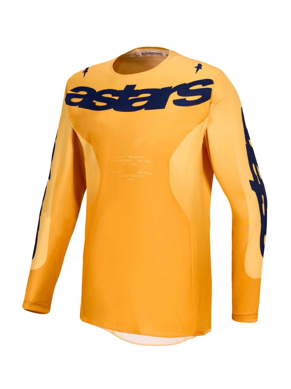 Alpinestars Racer Amber Trikot, Motocross-Trikot in Orange und Dunkelblau, feuchtigkeitsableitendes Polygewebe für Offroad.