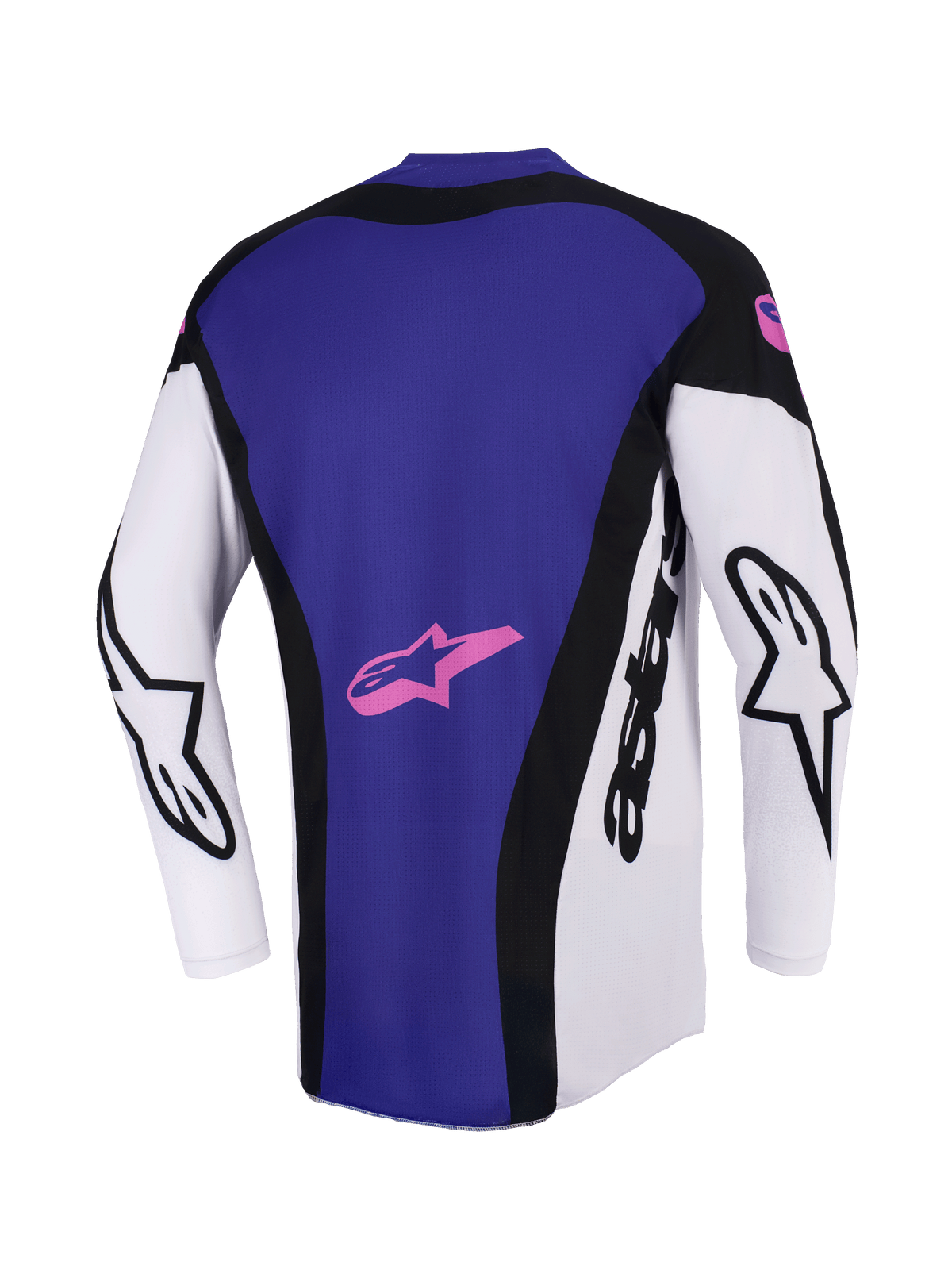 Alpinestars 2026 Techstar Knif Jersey, Motocross Jersey, Black Light Gray and Purple, rear view showing a large purple back panel with a pink star logo, white sleeves with black Alpinestars branding, athletic race fit.