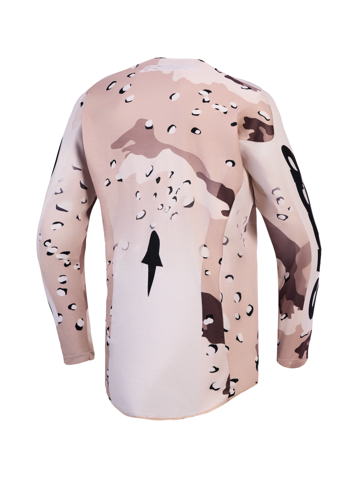 Alpinestars Racer Lone Jersey, rear view in tan desert camo with moisture-wicking fabric and an extended hem for motocross.