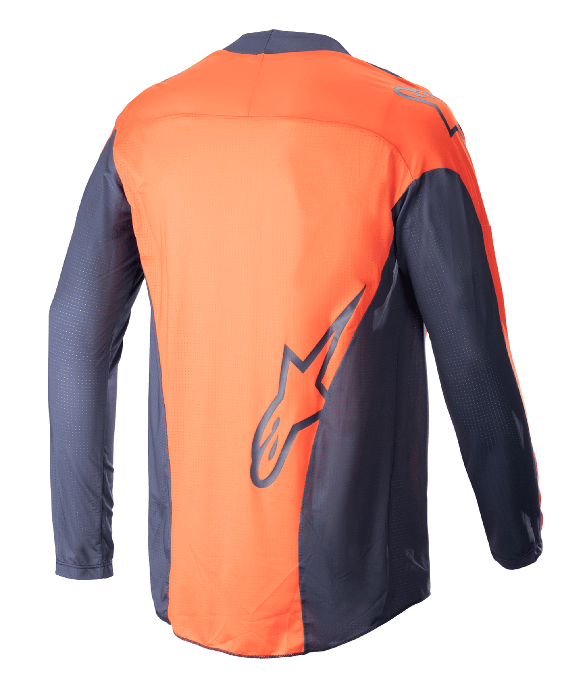 Alpinestars 2023 Techstar Arch Trikot, Motocross-Trikot, Night Navy und Hot Orange, Rückansicht, leichte Mesh-Konstruktion, großes dunkelblaues Alpinestars-Logo auf dem unteren Rücken, verlängerte Rückenpartie für bessere Abdeckung beim Fahren