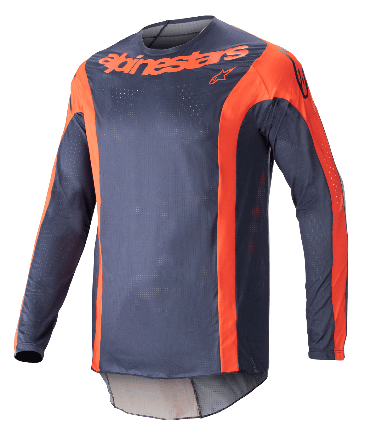 Alpinestars 2023 Techstar Arch Trikot, Langarm-Motocross-Jersey, Night Navy und Hot Orange, mit vertikalen orangefarbenen Akzenten und Branding auf der Brust, leichtes Mesh-Gewebe für Offroad-Performance