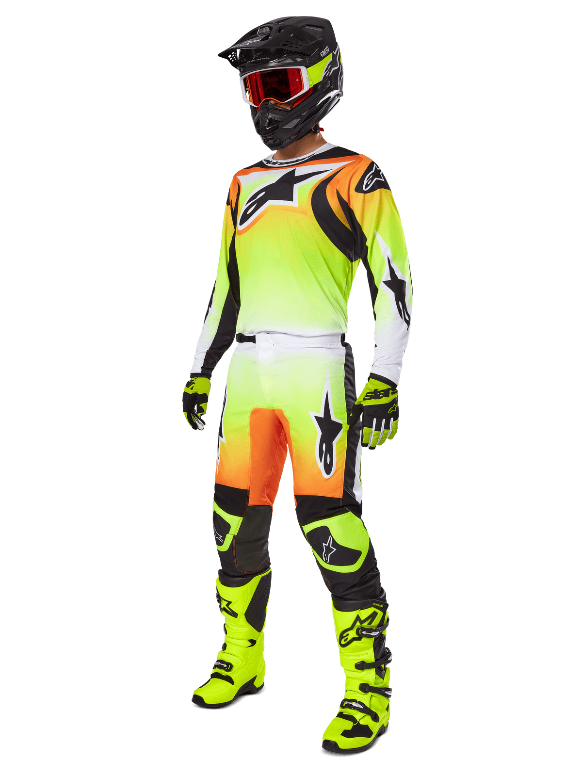 Alpinestars 2025 Fluid Wurx Gear Set, Motocross-Rennoutfit, Farbverlauf in Neongelb und Orange, Komplettset mit Jersey und Hose, schwarzer Helm mit orangefarbenen Goggles, neongelbe Stiefel und Handschuhe, athletisches Design für Offroad-Performance