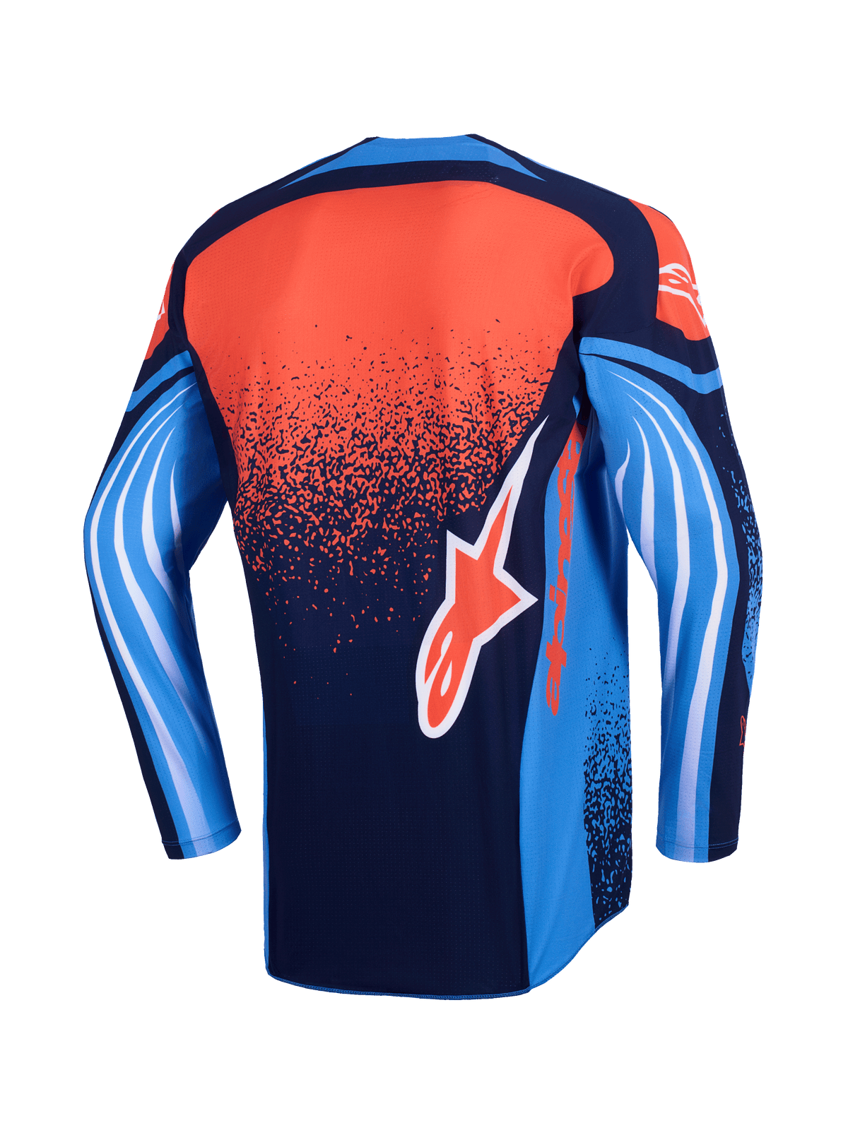 Alpinestars 2026 Techstar Nomur Jersey, Motocross Jersey, Rear View, Dark Navy, Orange, and UCLA Blue, featuring a speckled orange gradient on the back, blue sleeves with white wave-like graphics, and an orange Alpinestars logo on the lower back.