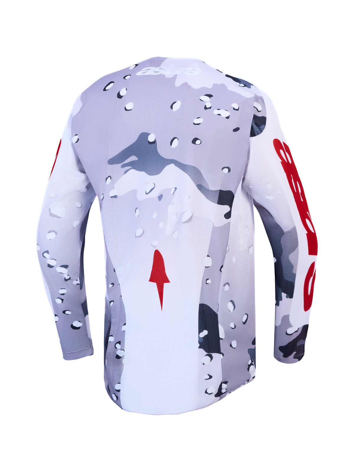 Alpinestars Racer Air Lone Trikot, Herren-Motocross-Trikot, Grau Camo und Feuerrot, Rückansicht aus atmungsaktivem Mesh.
