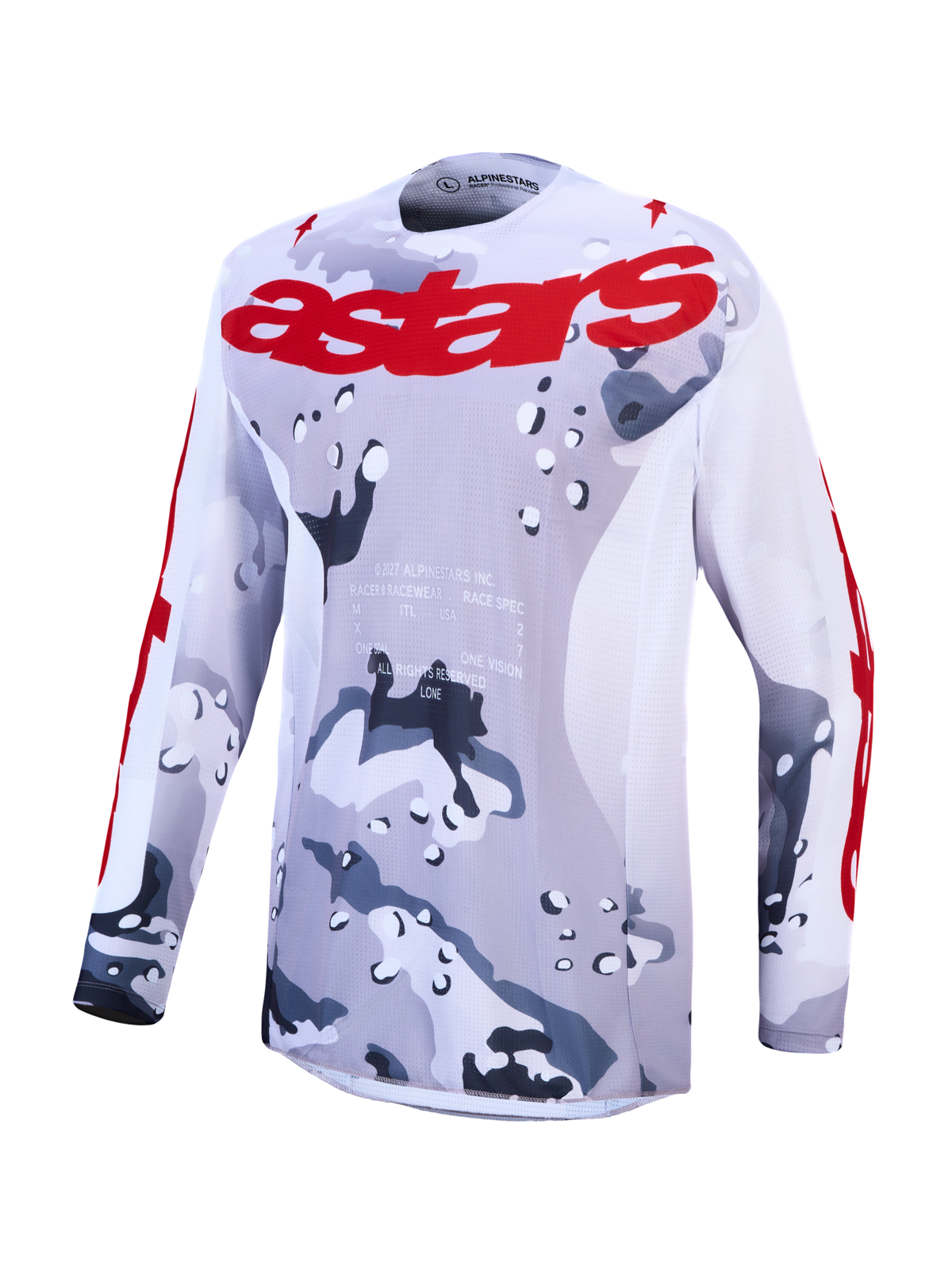Alpinestars 2027 Racer Air Lone Trikot, Grau und Weiß, Camouflage-Muster, rotes Logo, atmungsaktives Mesh für Motocross.