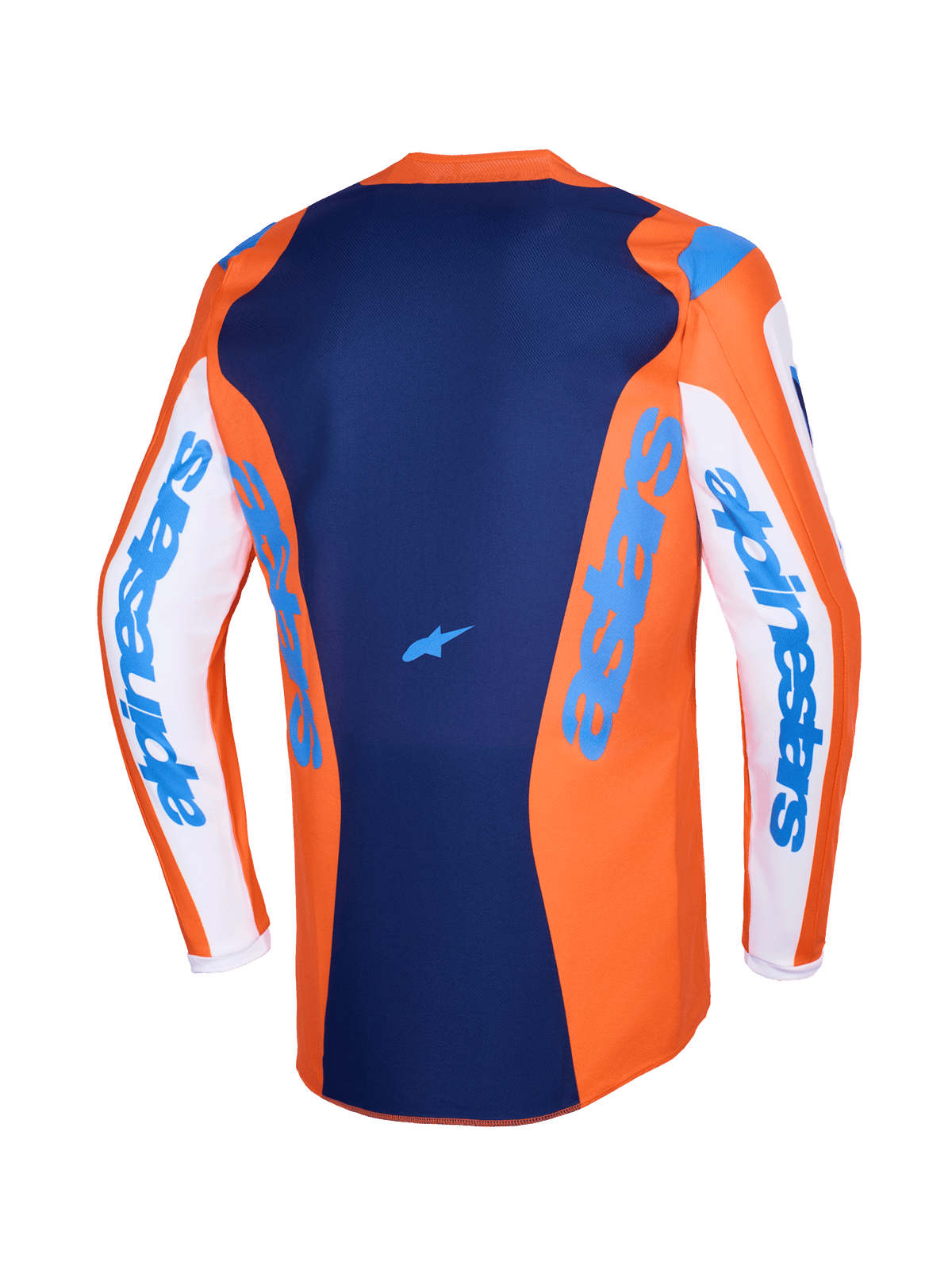 Alpinestars 2026 Fluid Grid Trikot, Motocross-Trikot, Orange und UCLA Blau, weiße Ärmel mit blauem Alpinestars-Branding, dunkelblaues Rückenpanel mit kleinem Stern-Logo, verlängerter Rückenschnitt für Offroad-Fahrten